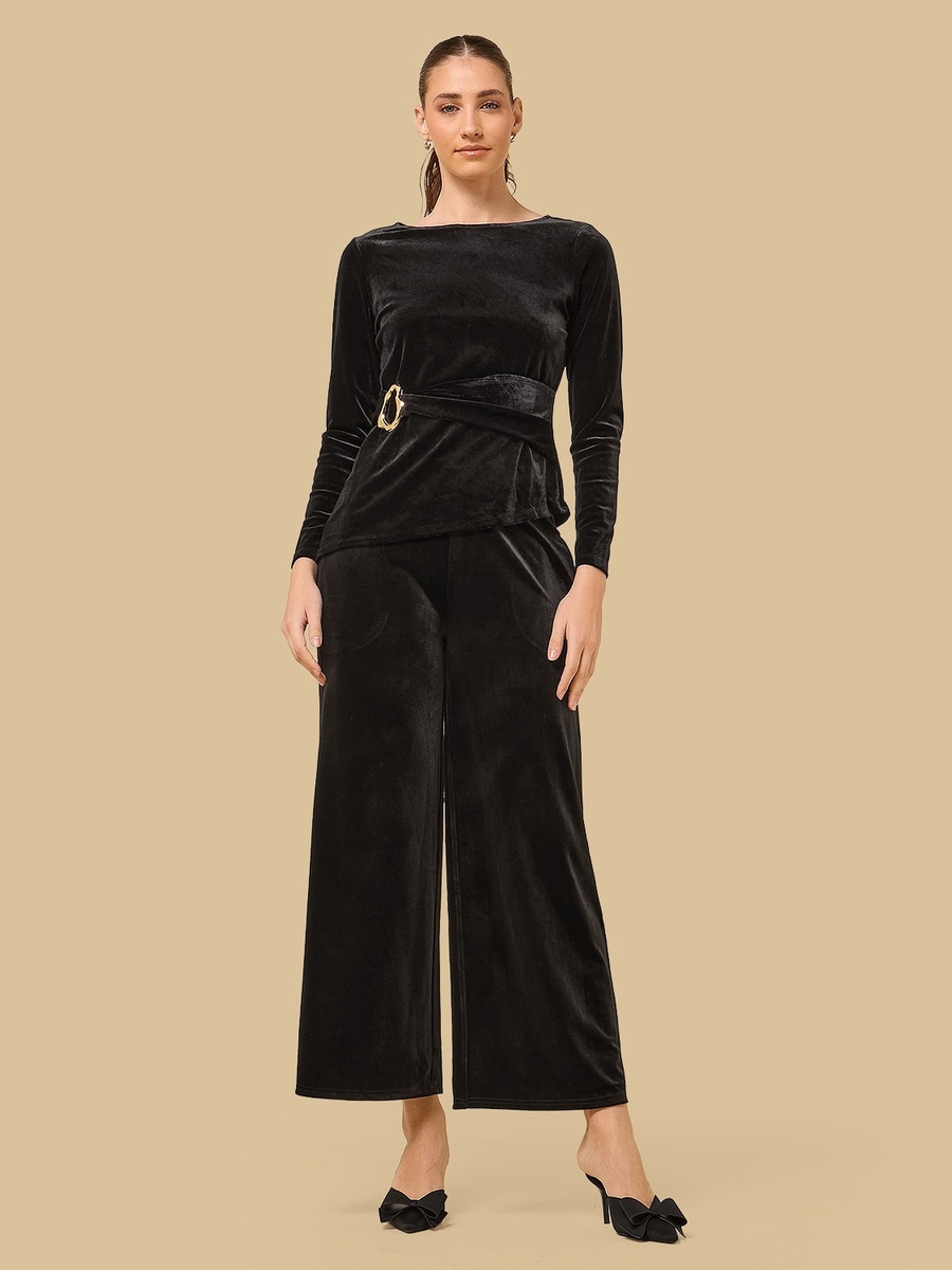 Buckle Accent Asymmetric Velour Top