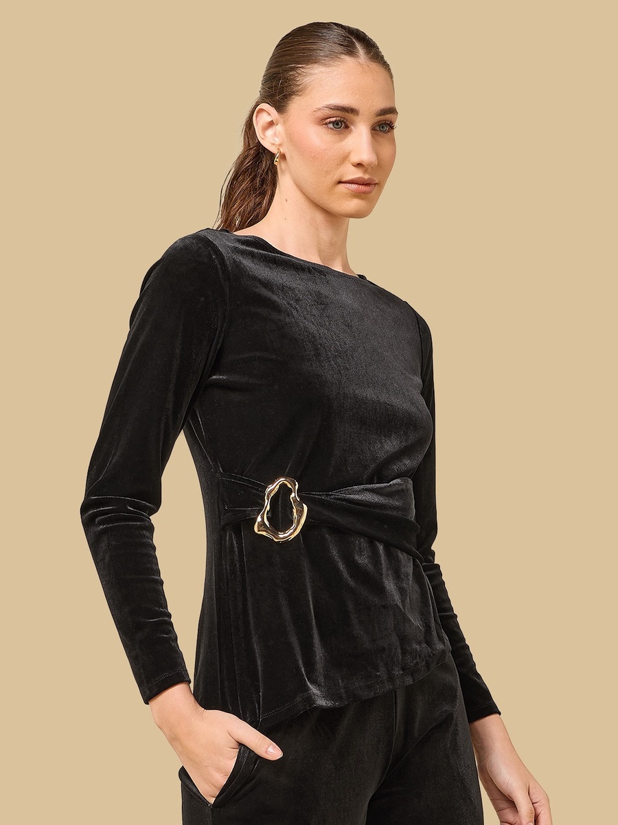 Buckle Accent Asymmetric Velour Top