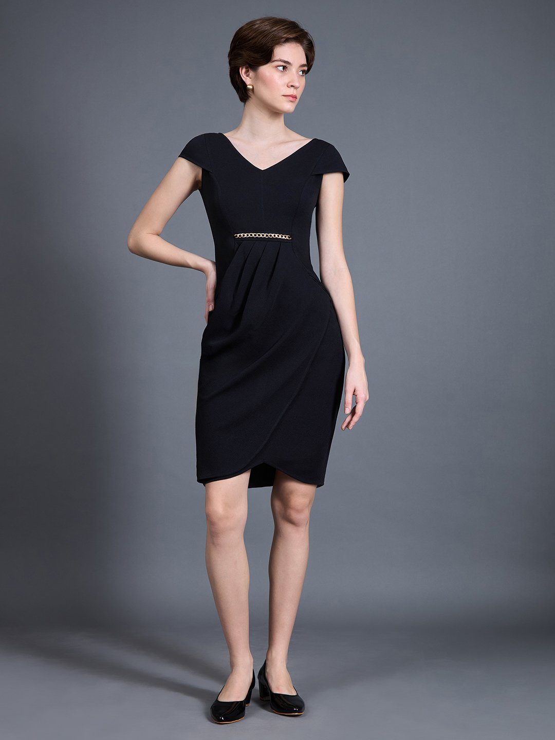Black Bodycon Mini Dress with Gold Chain Detail