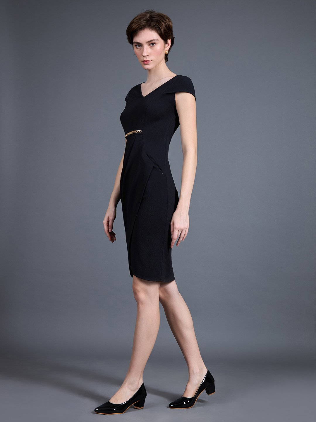 Black Bodycon Mini Dress with Gold Chain Detail