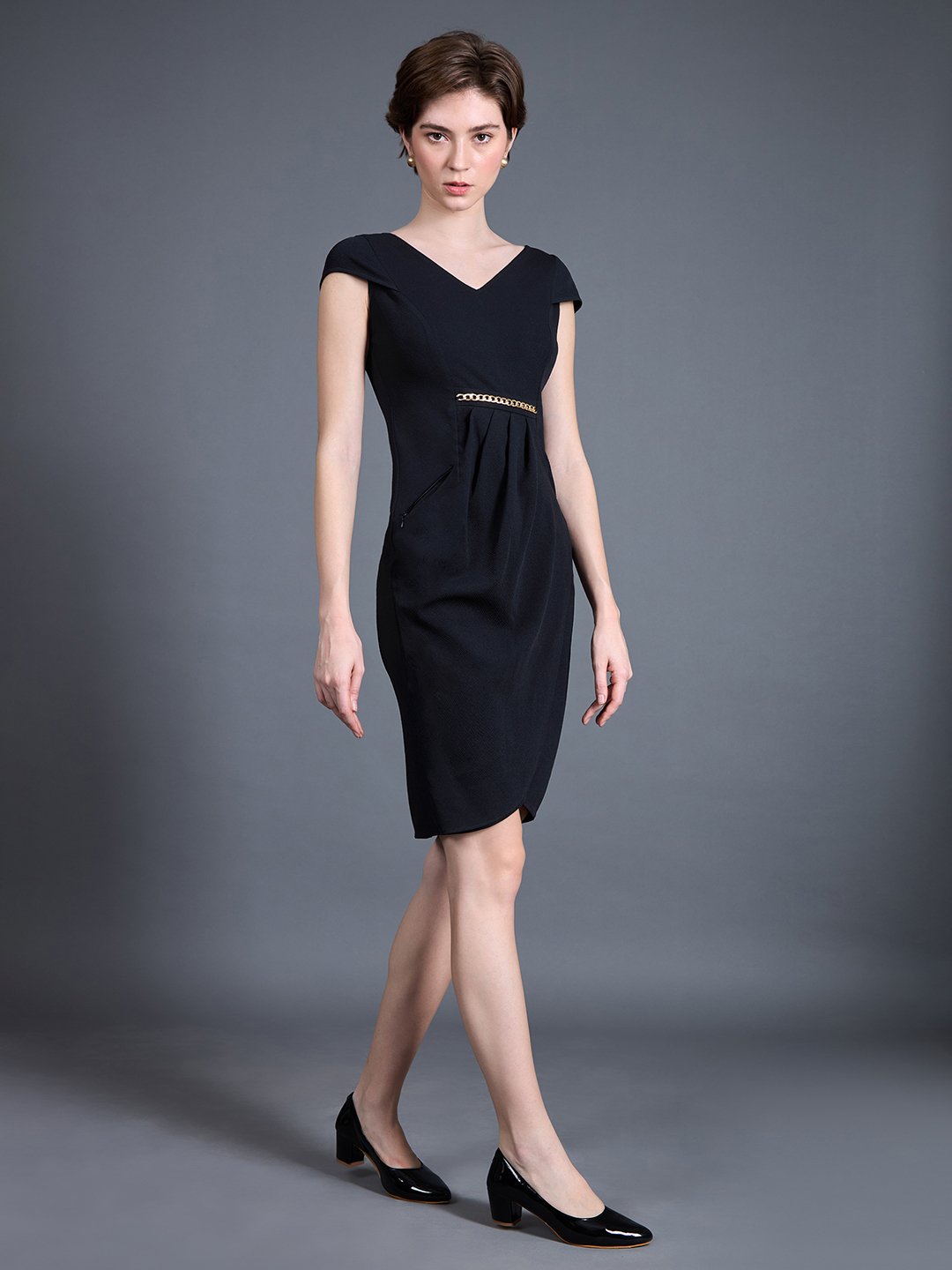 Black Bodycon Mini Dress with Gold Chain Detail