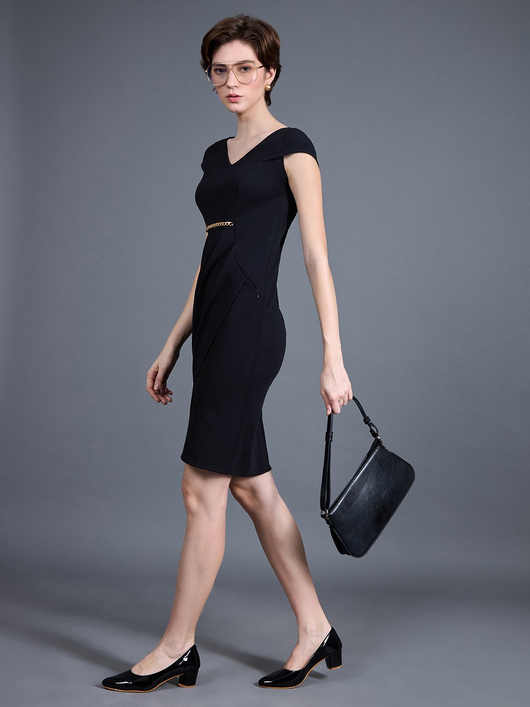 Black Bodycon Mini Dress with Gold Chain Detail