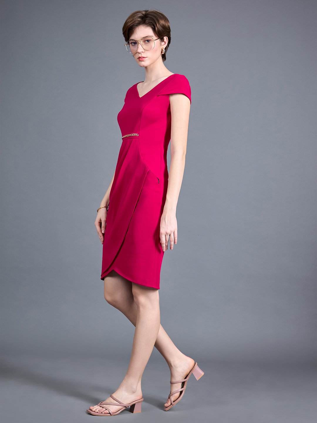 Dark Pink Bodycon Mini Dress with Short Sleeves