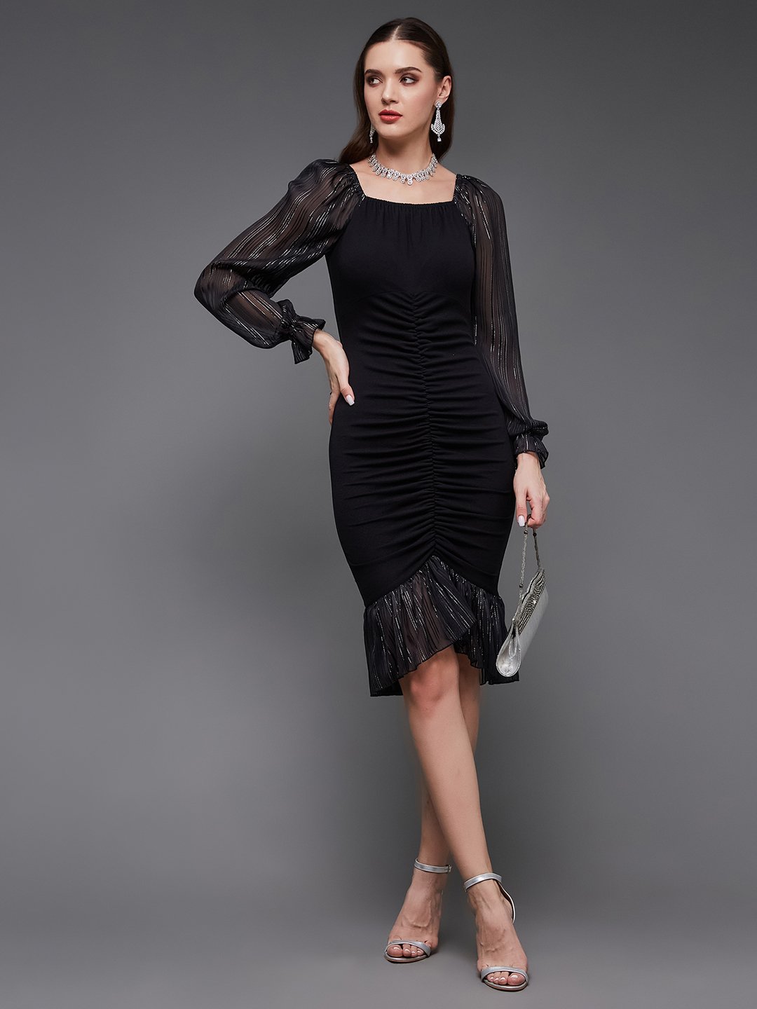 Black Long Sleeve Bodycon Knee-Length Dress
