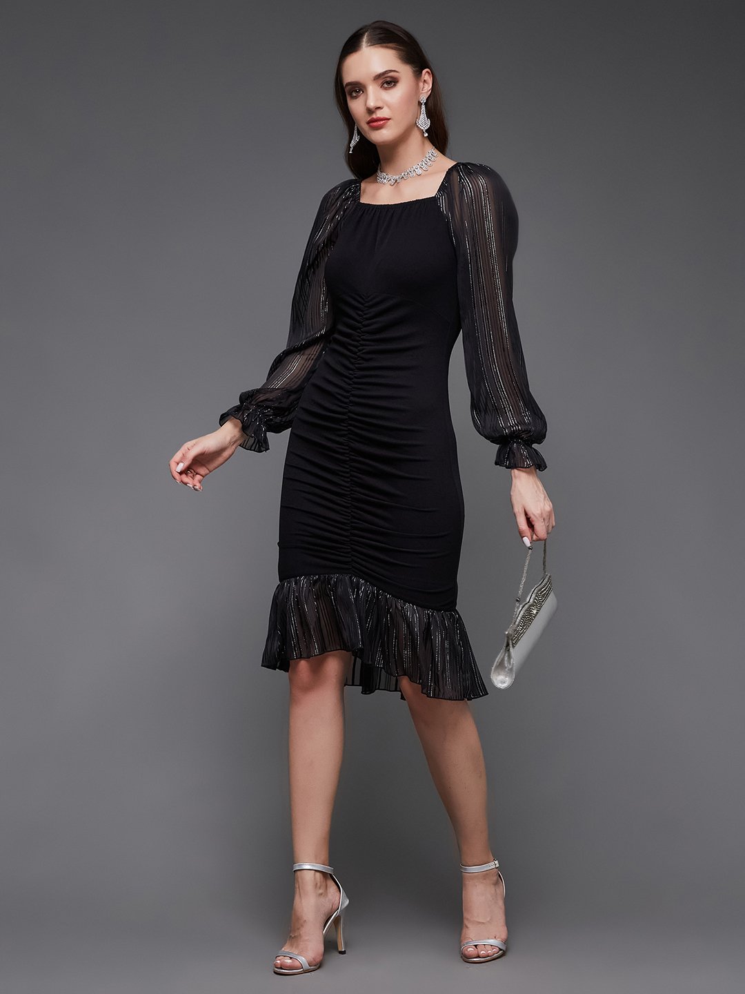 Black Long Sleeve Bodycon Knee-Length Dress