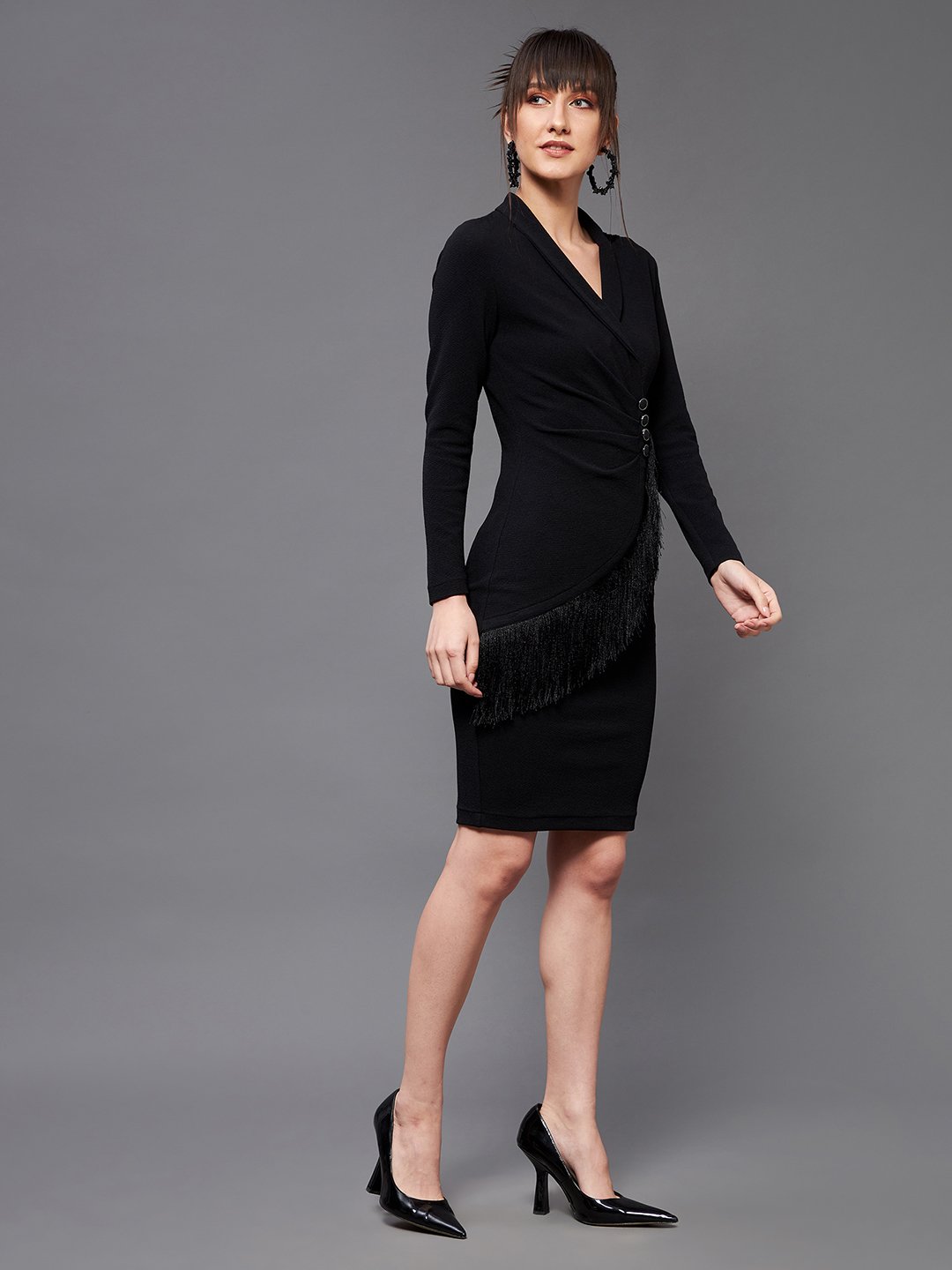 Black Wrap Mini Dress with Fringe Detail