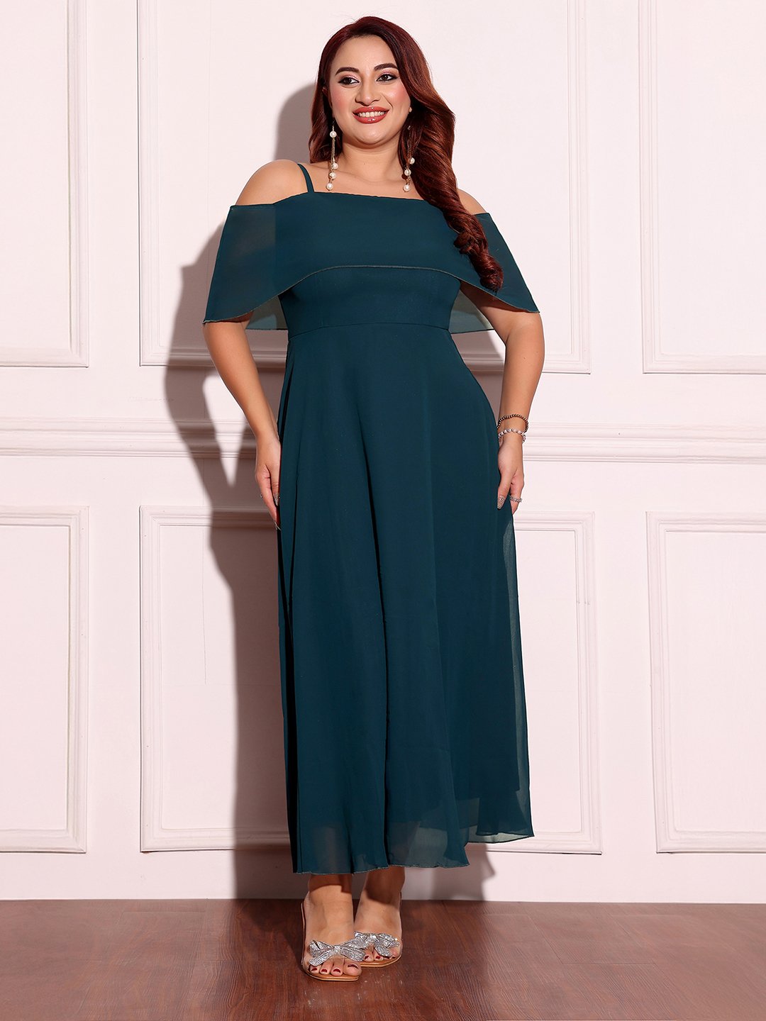 Teal A-Line Maxi Dress with Strappy Off-Shoulder