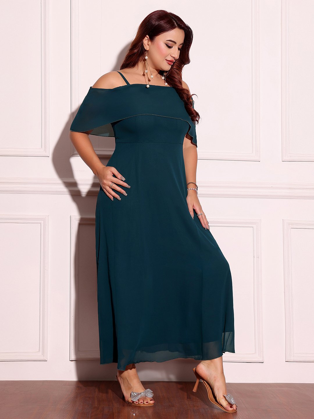 Teal A-Line Maxi Dress with Strappy Off-Shoulder