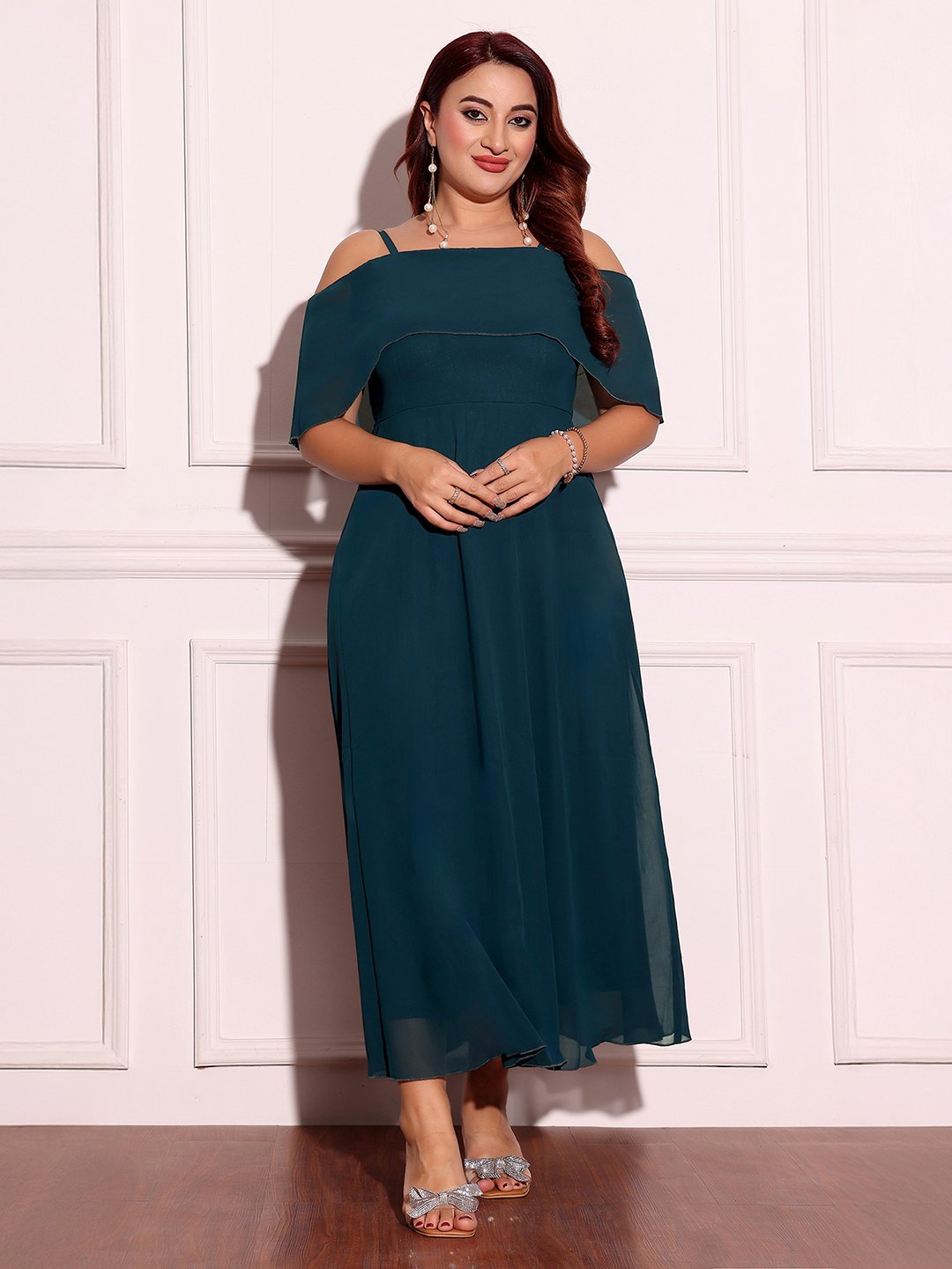Teal A-Line Maxi Dress with Strappy Off-Shoulder
