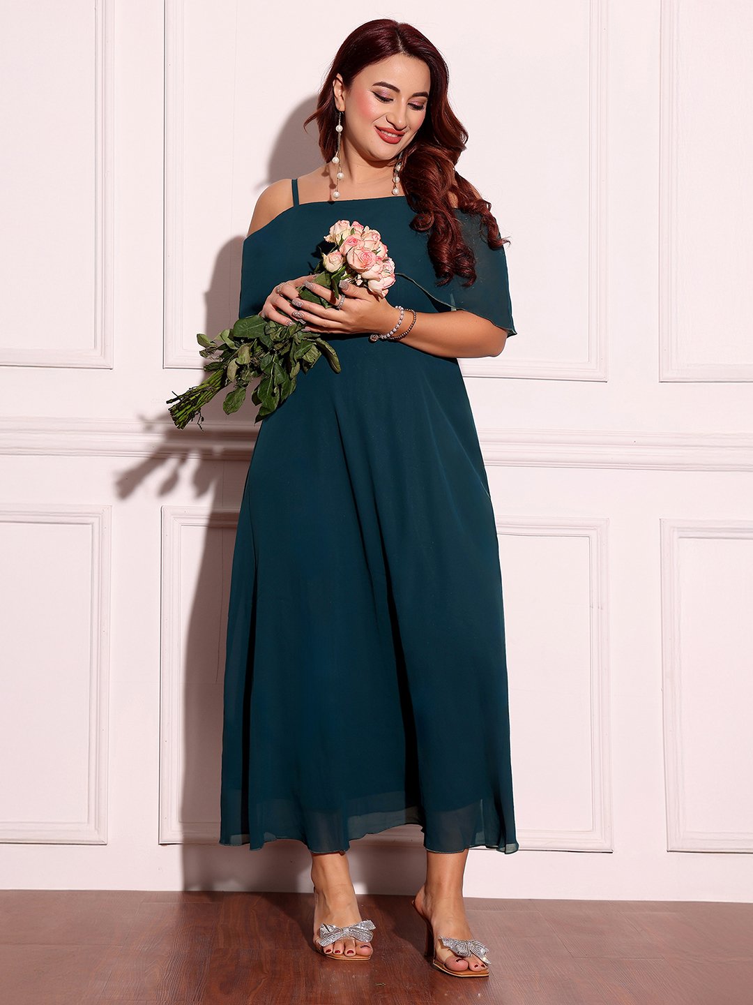 Teal A-Line Maxi Dress with Strappy Off-Shoulder