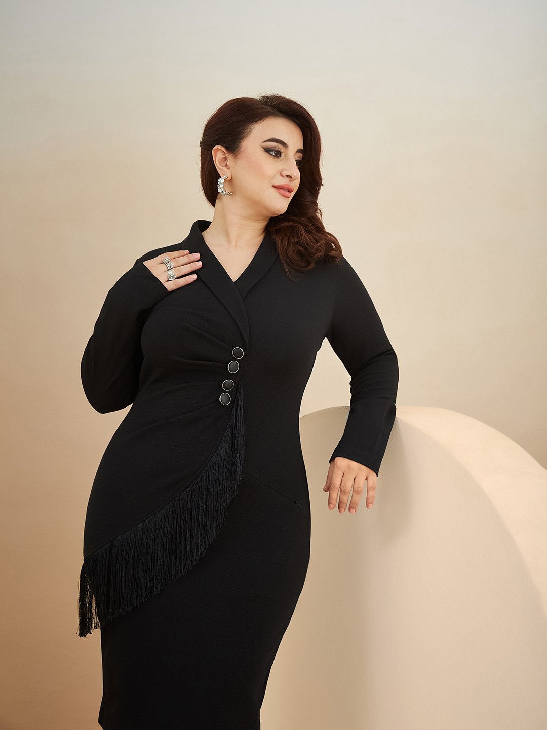 Black Blazer Dress with Fringe Detail