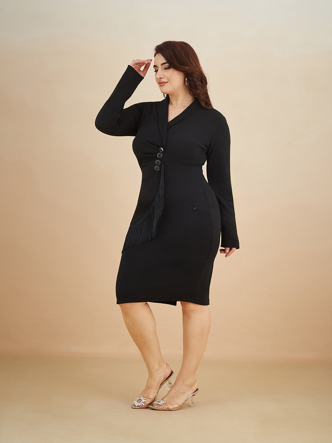 Black Blazer Dress with Fringe Detail