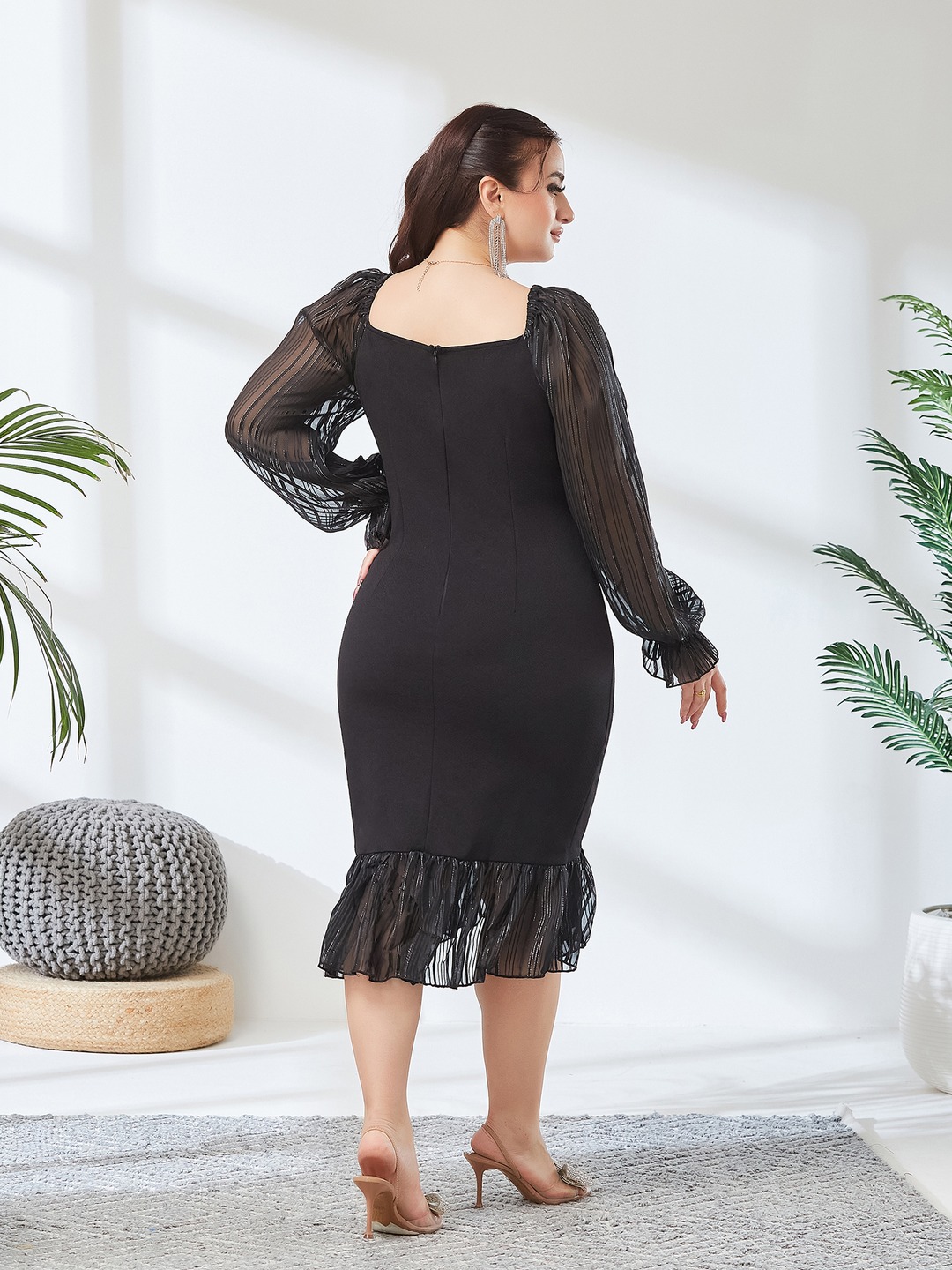 Black Bodycon Knee-Length Dress with Sheer Long Sleeves