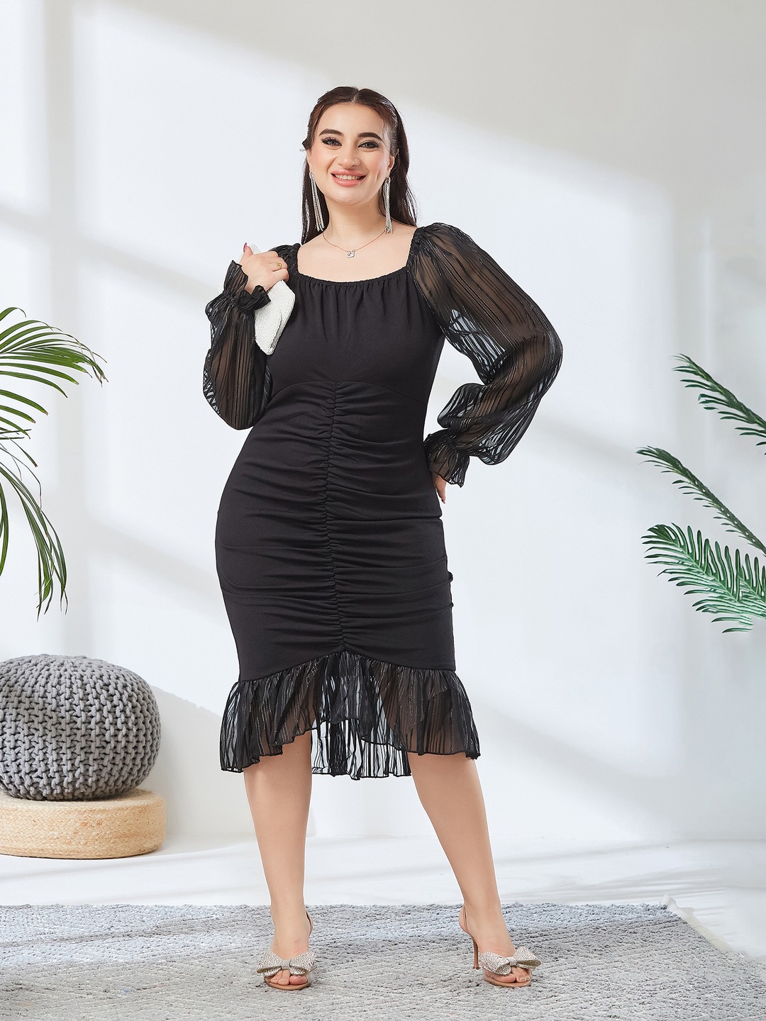 Black Bodycon Knee-Length Dress with Sheer Long Sleeves