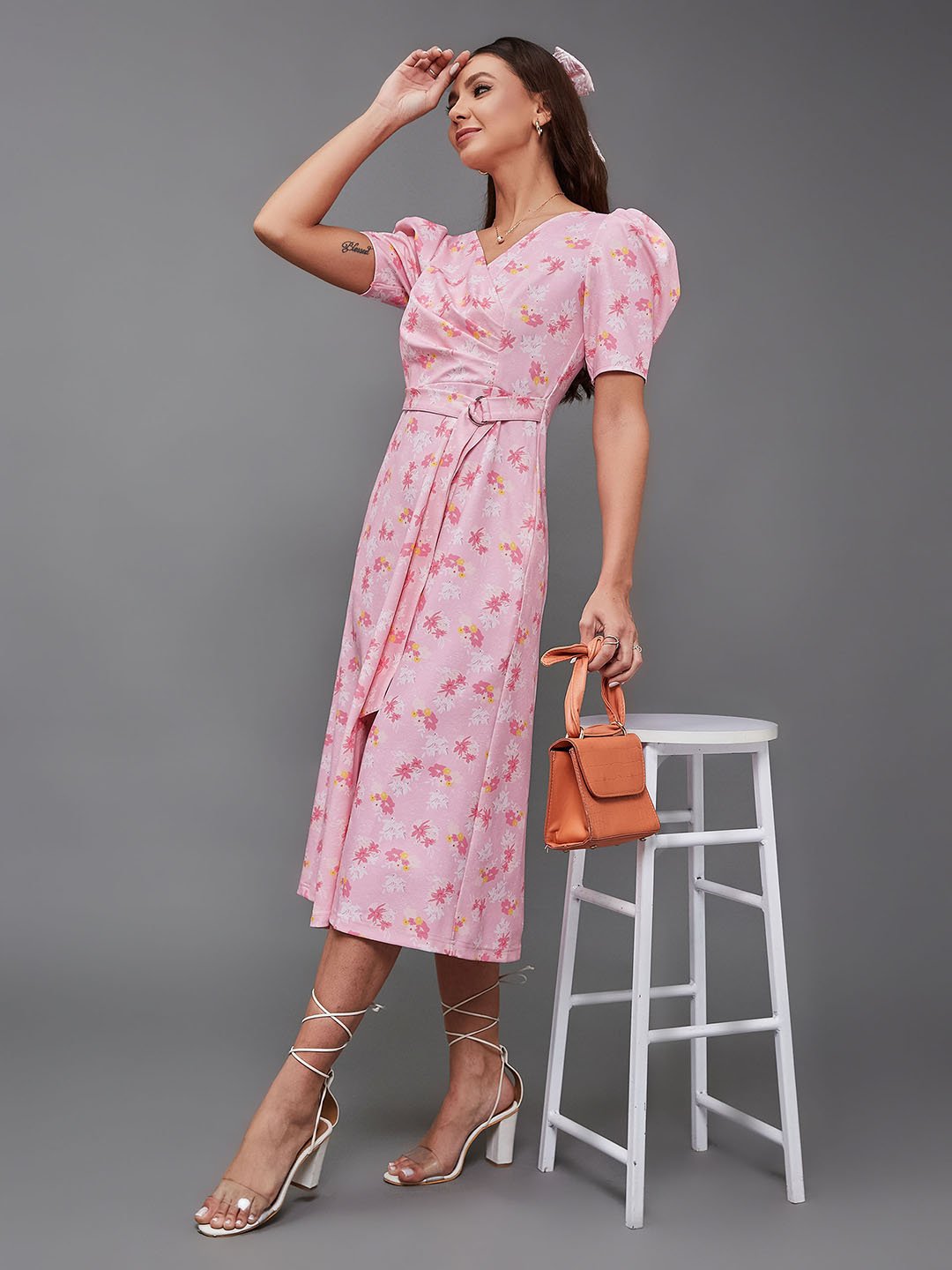 Pink Floral Wrap Midi Dress with Short Sleeves