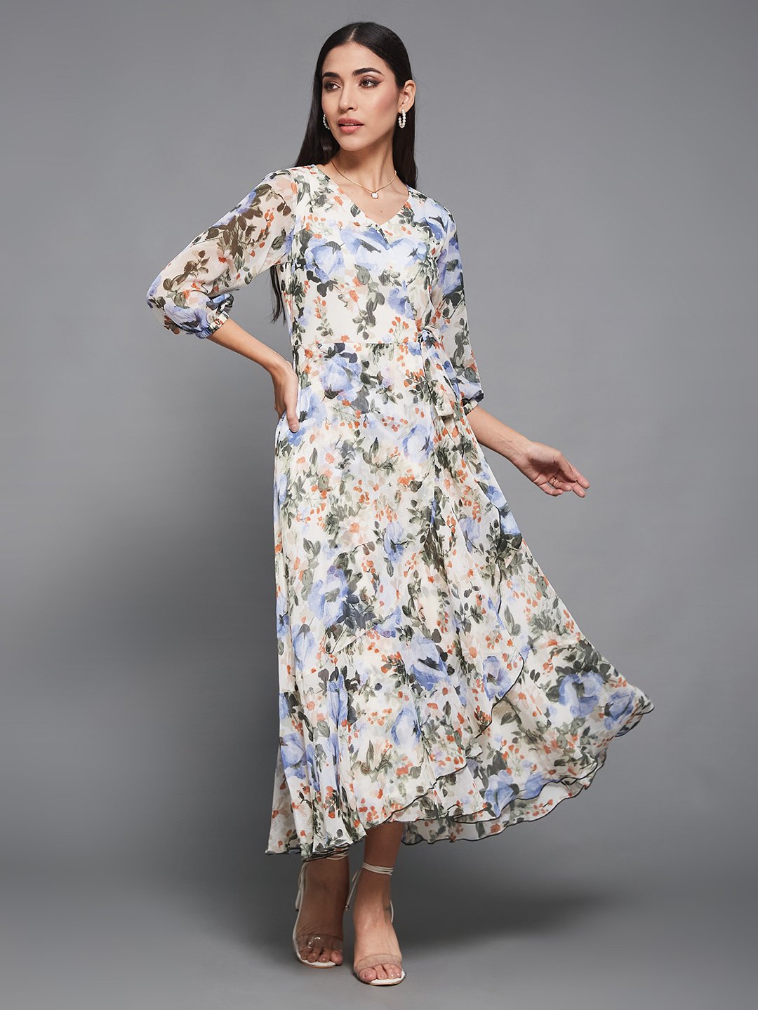 Floral Wrap Maxi Dress with 3/4 Sleeves