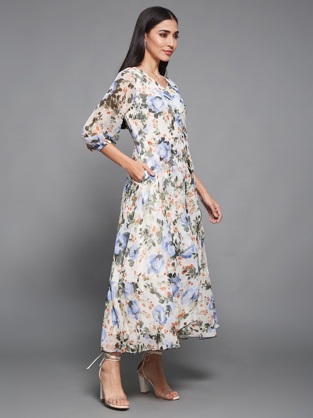 Floral Wrap Maxi Dress with 3/4 Sleeves