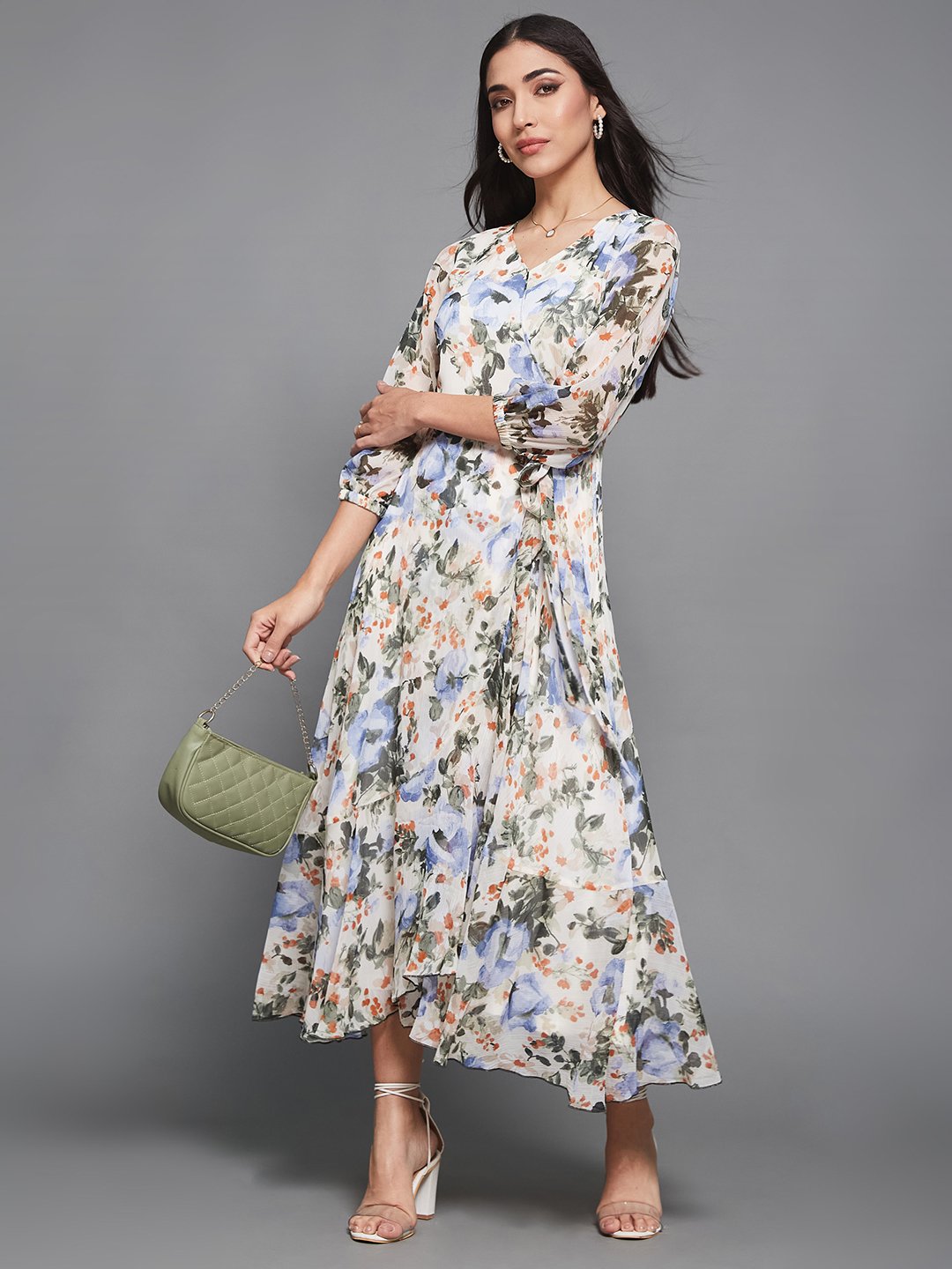 Floral Wrap Maxi Dress with 3/4 Sleeves