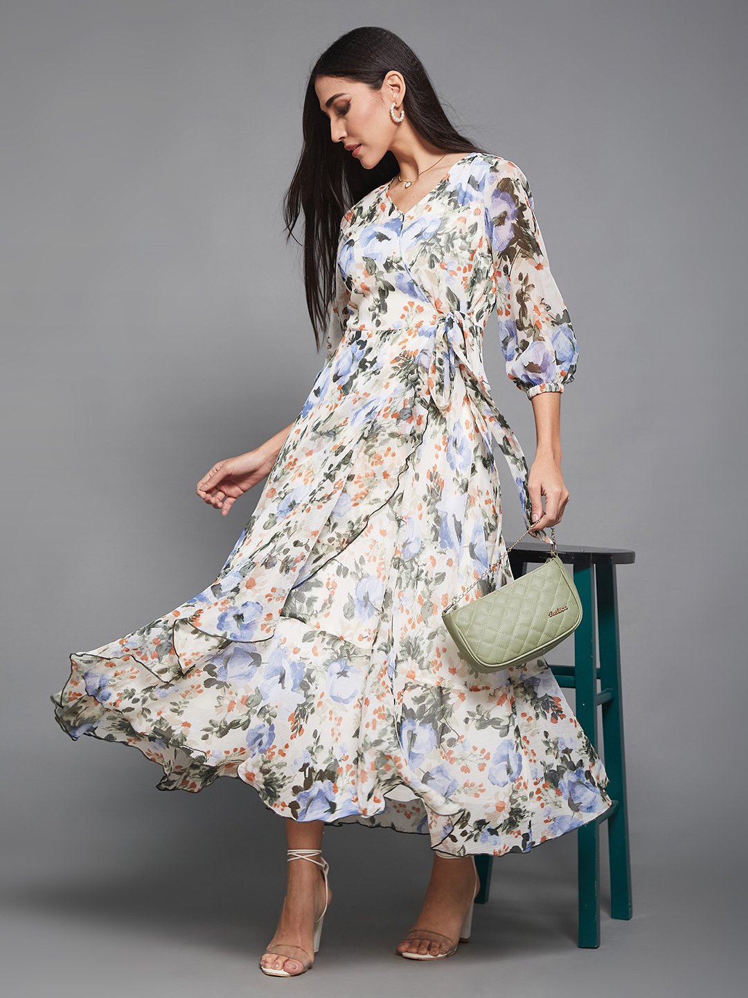 Floral Wrap Maxi Dress with 3/4 Sleeves