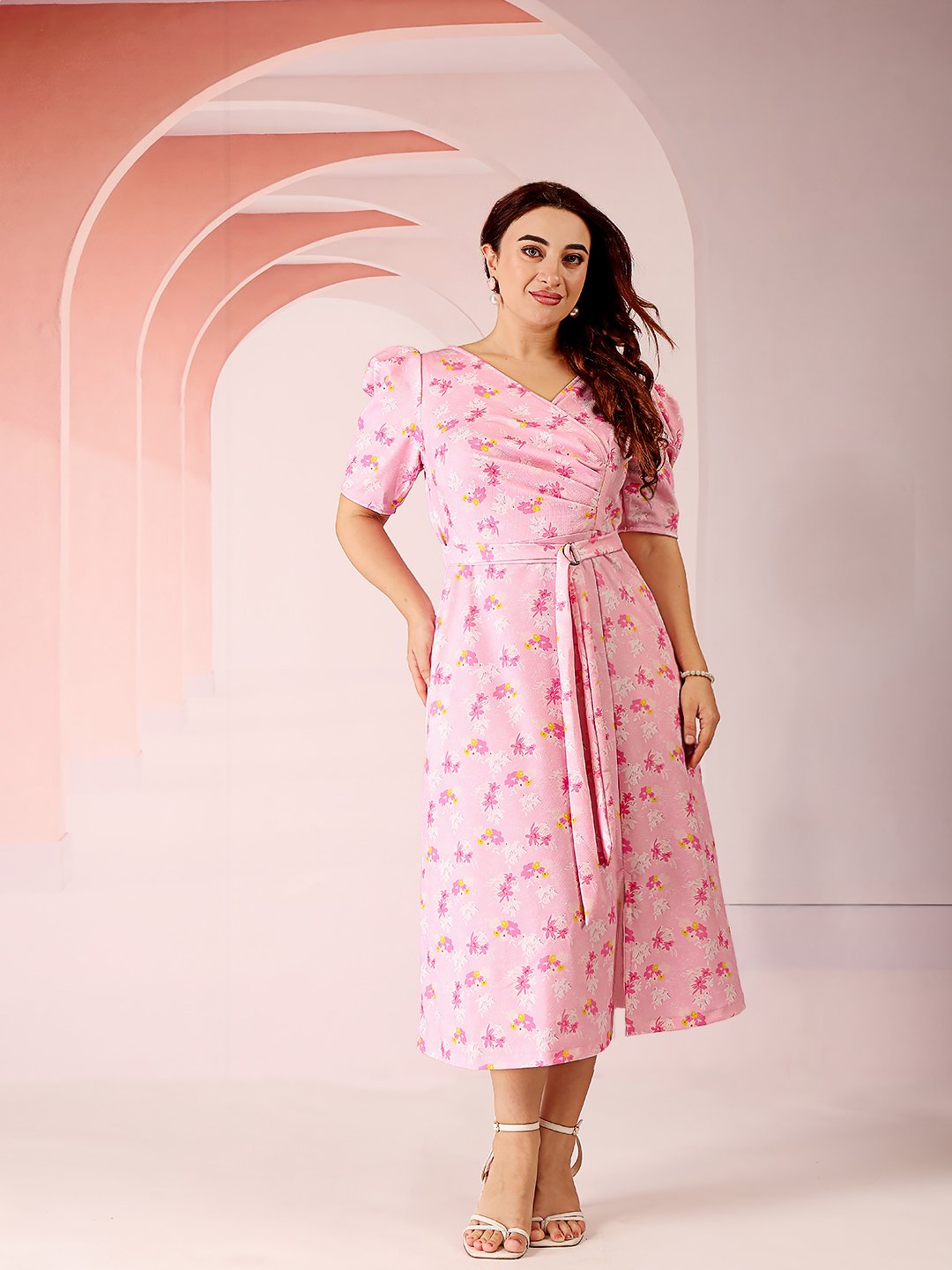 Pink Floral Wrap Midi Dress with Short Sleeves