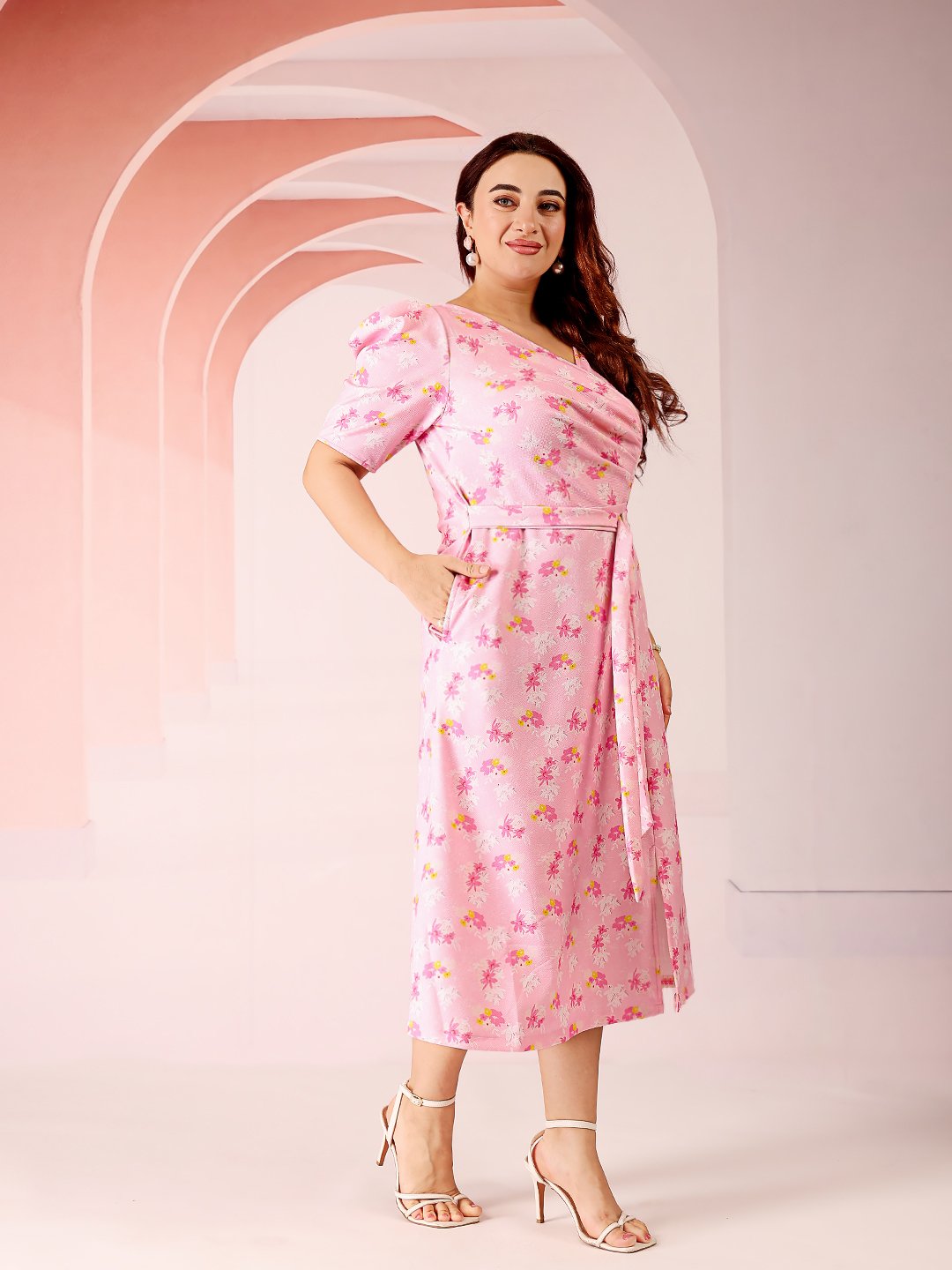 Pink Floral Wrap Midi Dress with Short Sleeves