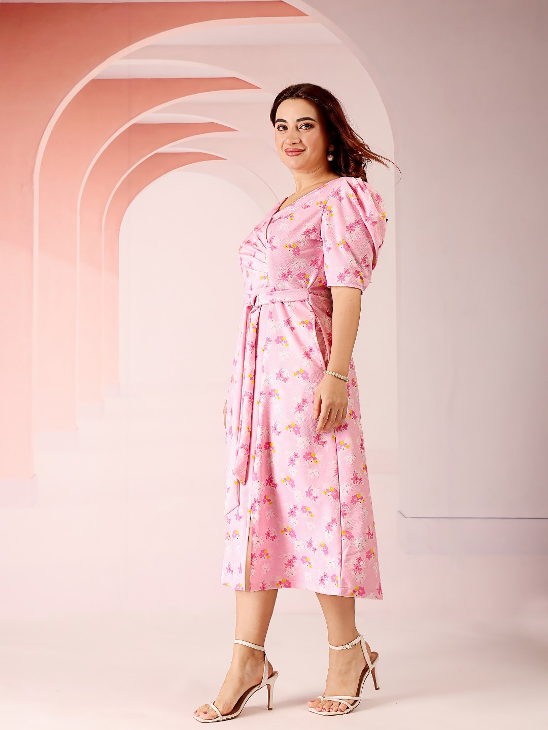 Pink Floral Wrap Midi Dress with Short Sleeves