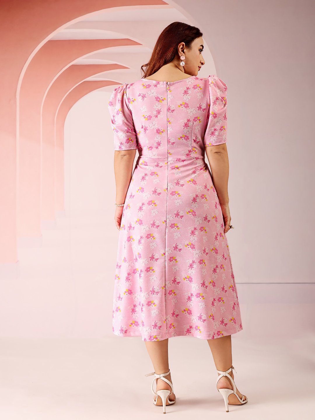 Pink Floral Wrap Midi Dress with Short Sleeves
