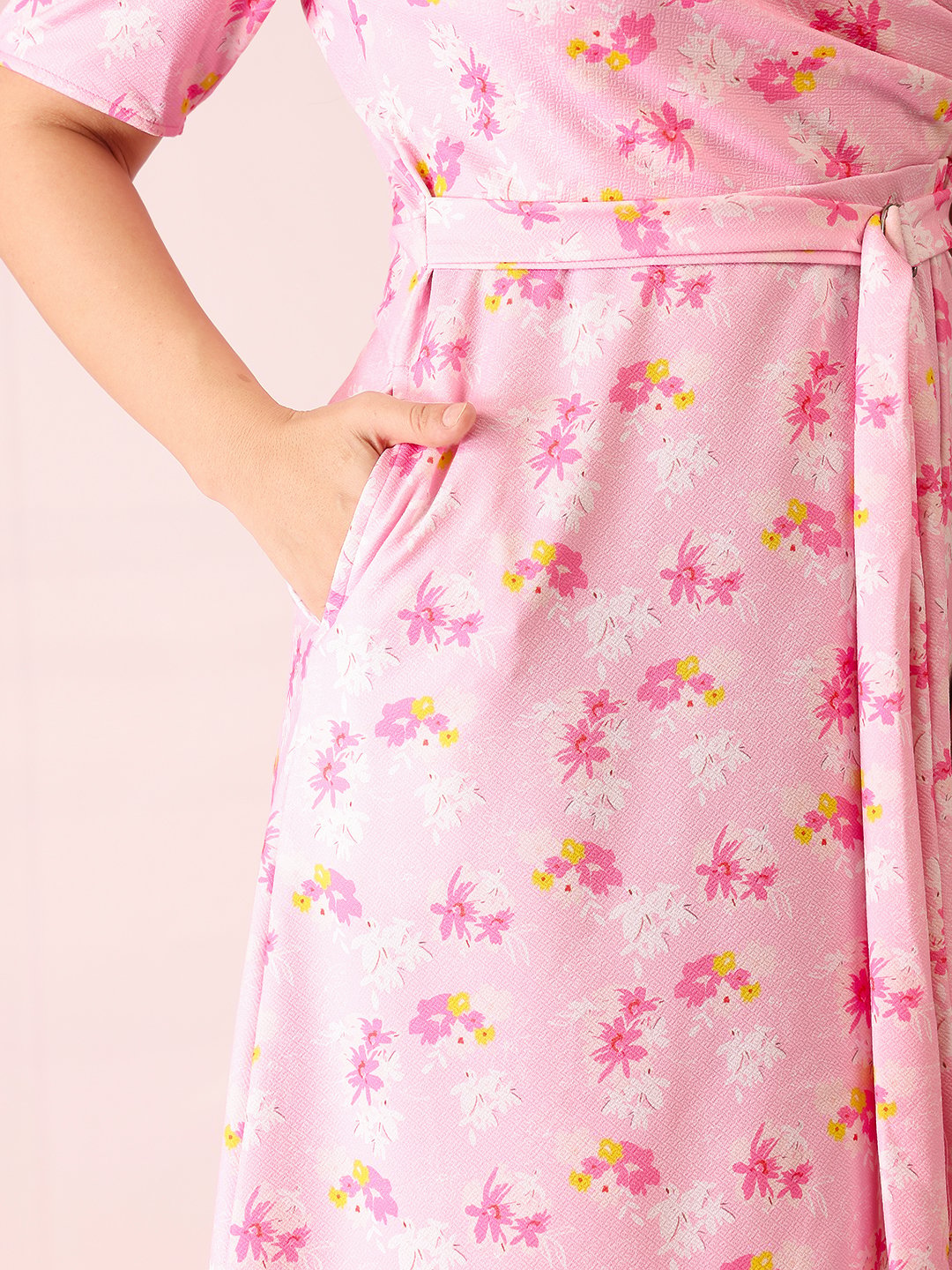 Pink Floral Wrap Midi Dress with Short Sleeves