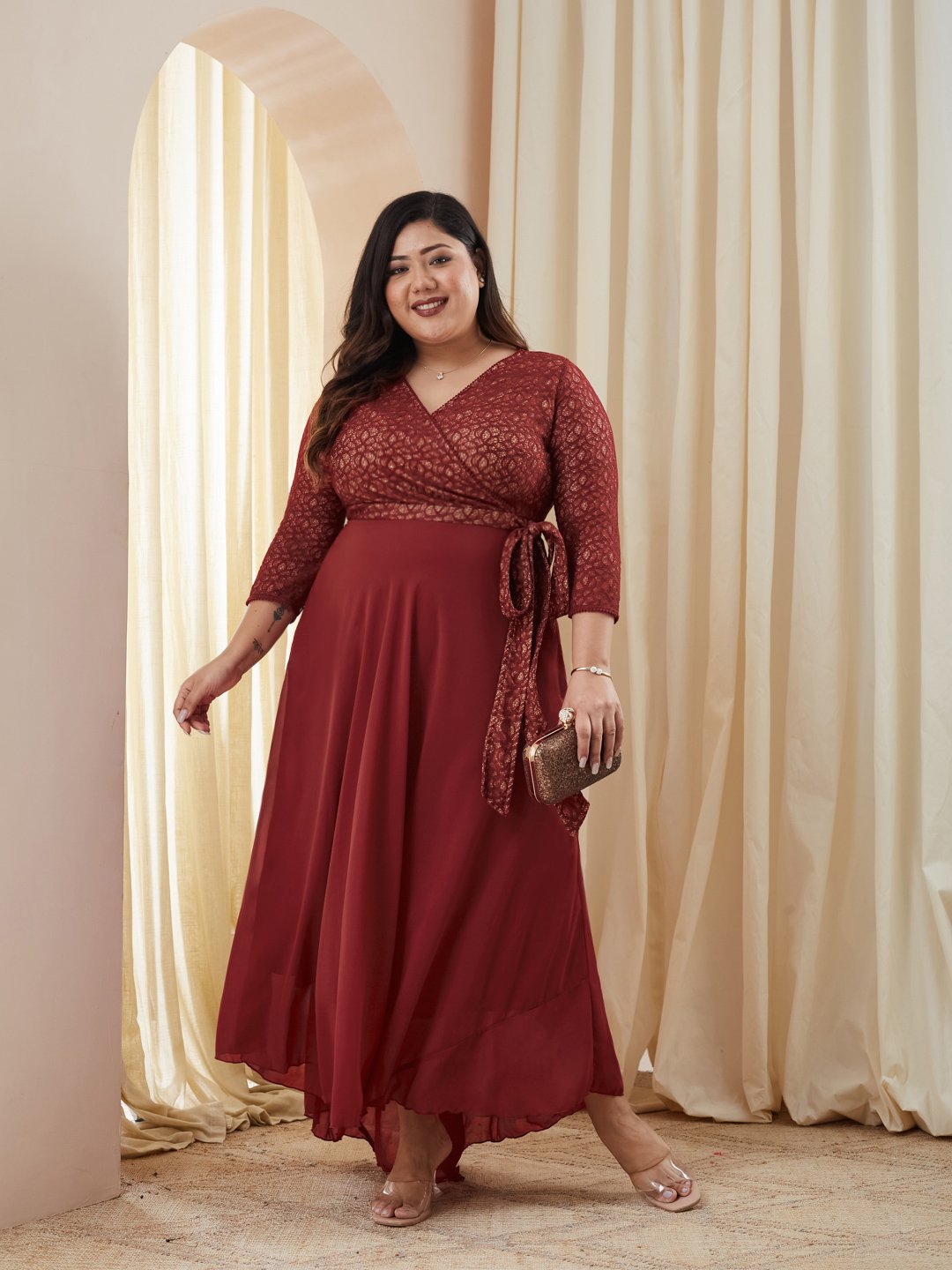 Maroon Wrap Maxi Dress with 3/4 Sleeves