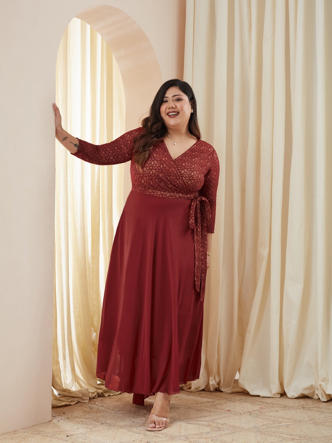 Maroon Wrap Maxi Dress with 3/4 Sleeves