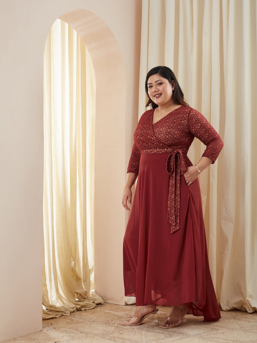 Maroon Wrap Maxi Dress with 3/4 Sleeves