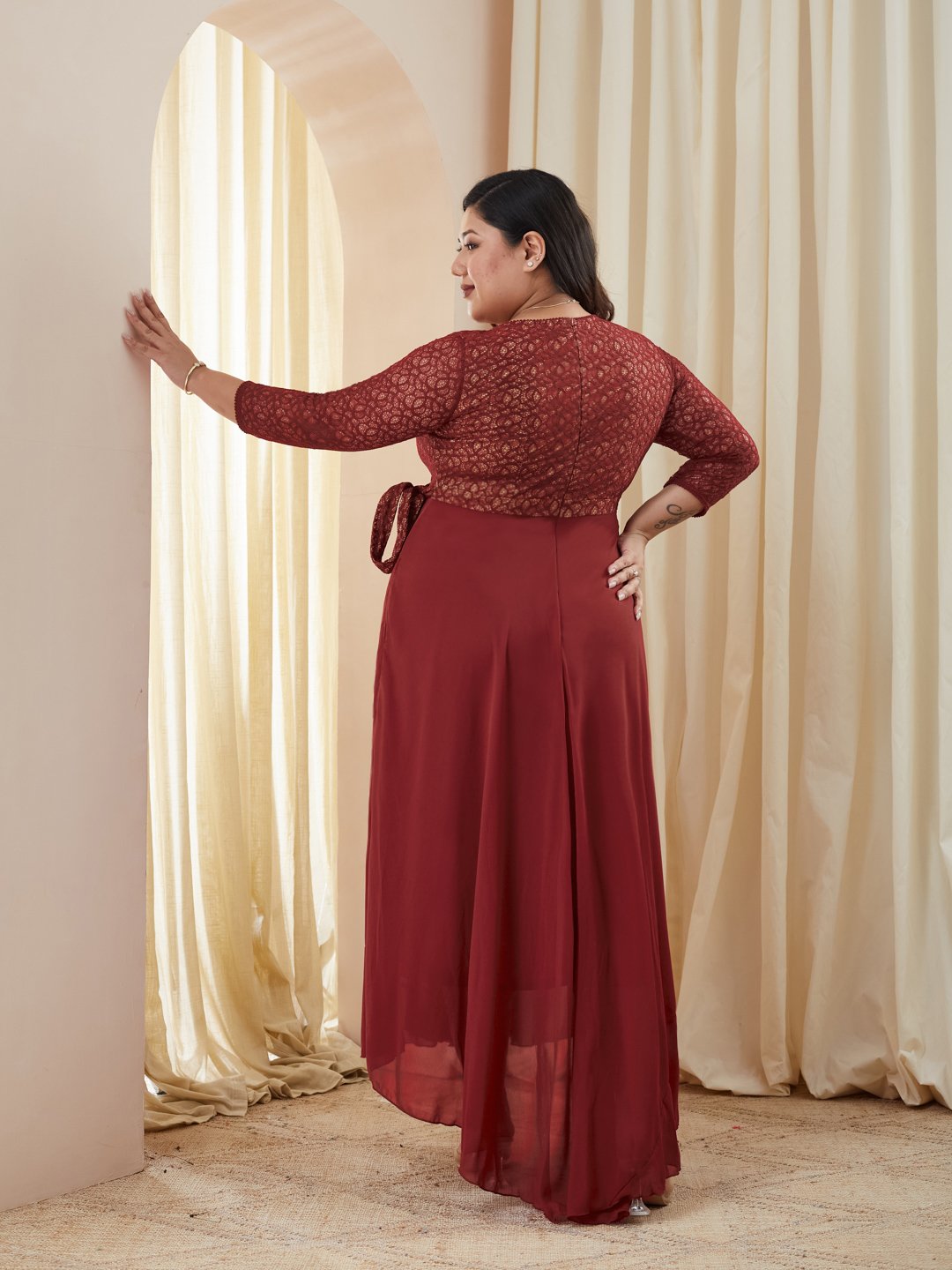 Maroon Wrap Maxi Dress with 3/4 Sleeves