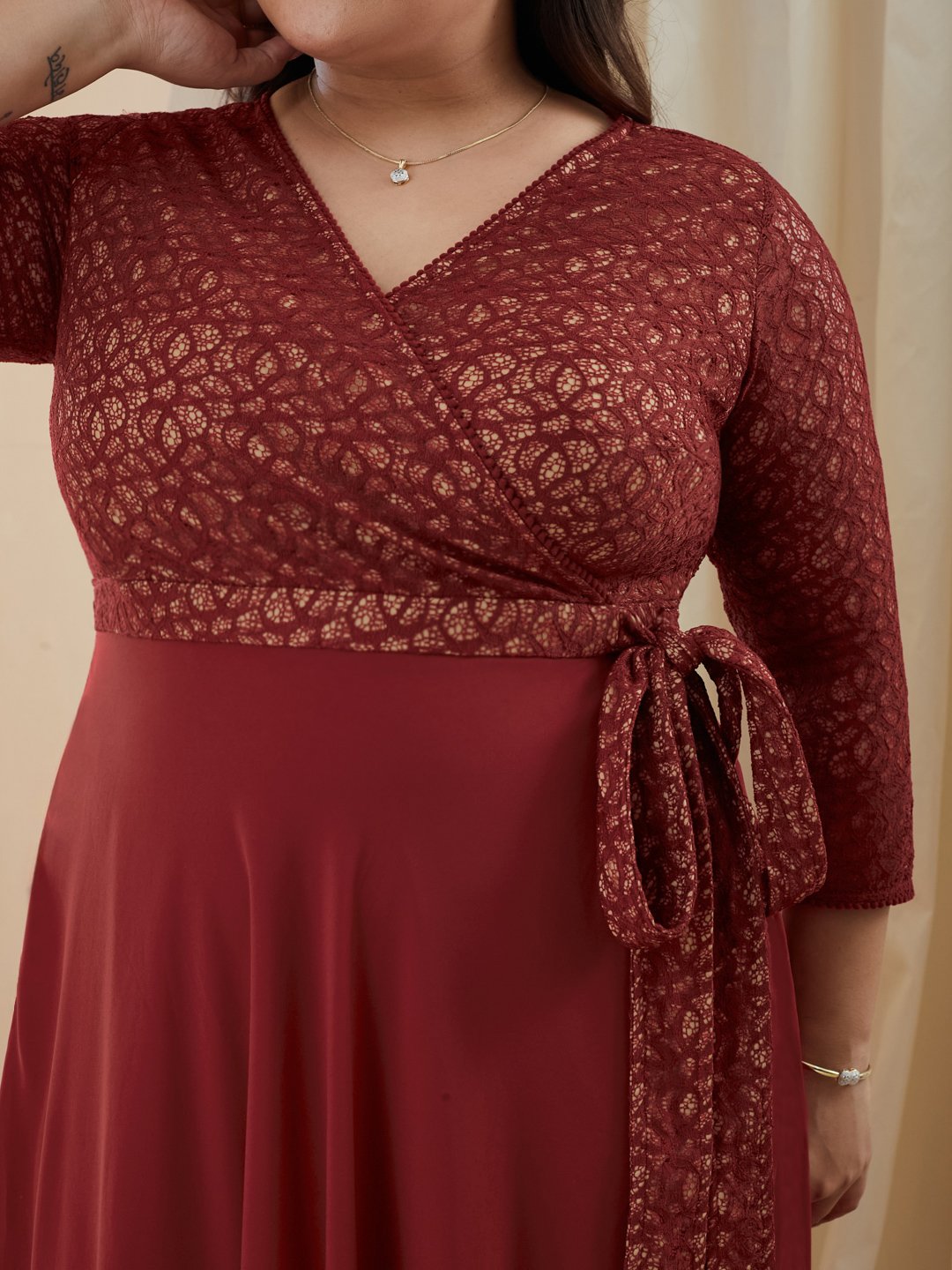 Maroon Wrap Maxi Dress with 3/4 Sleeves