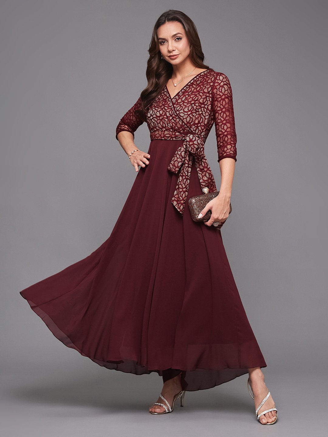 Maroon Fit and Flare Maxi Dress with Lace Bodice
