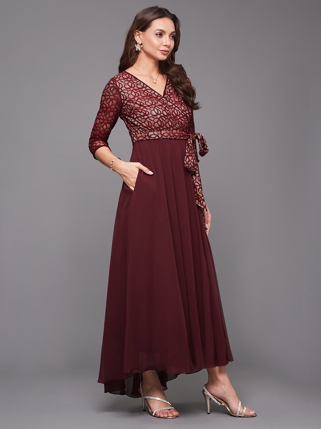 Maroon Fit and Flare Maxi Dress with Lace Bodice
