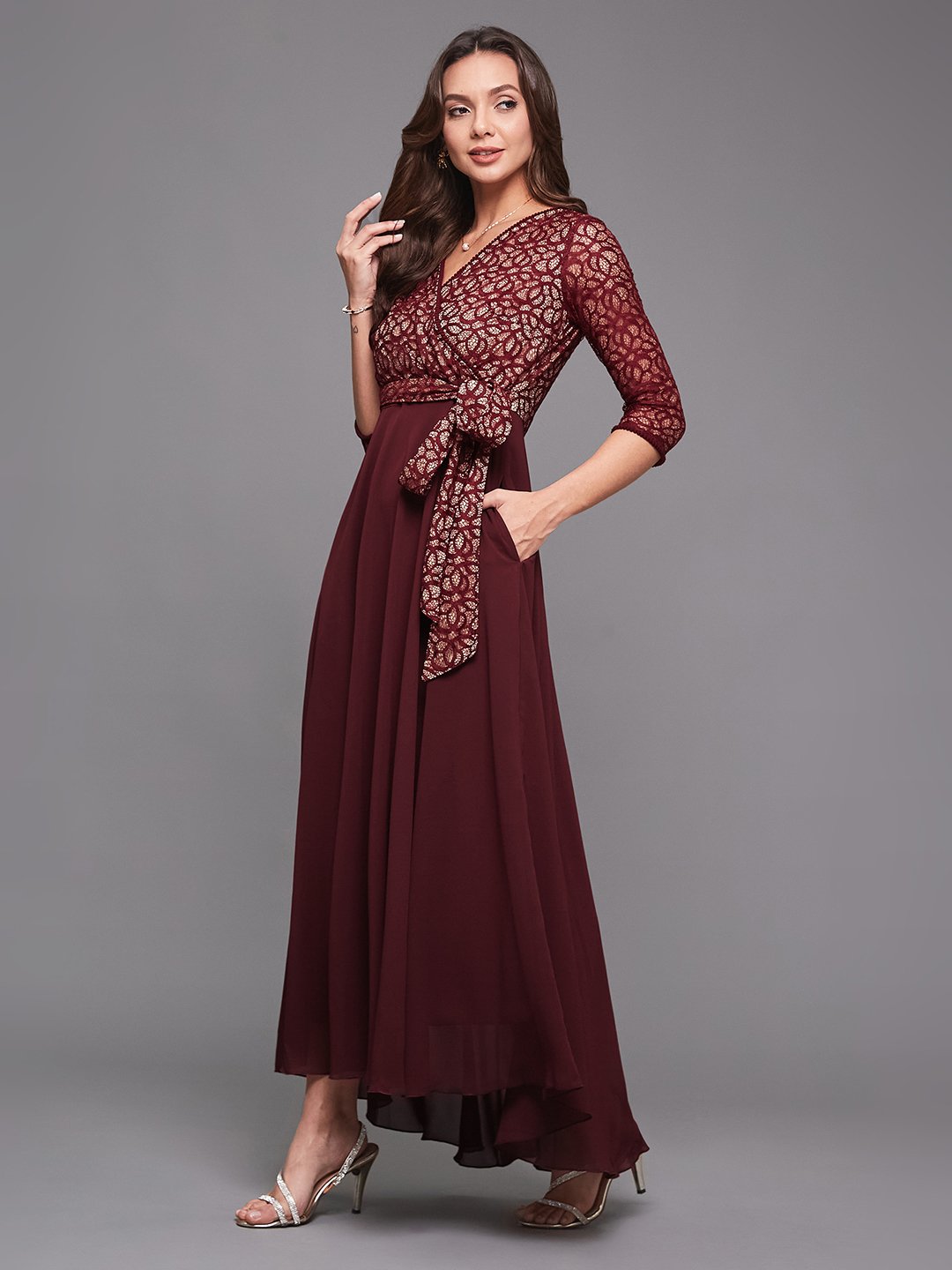 Maroon Fit and Flare Maxi Dress with Lace Bodice