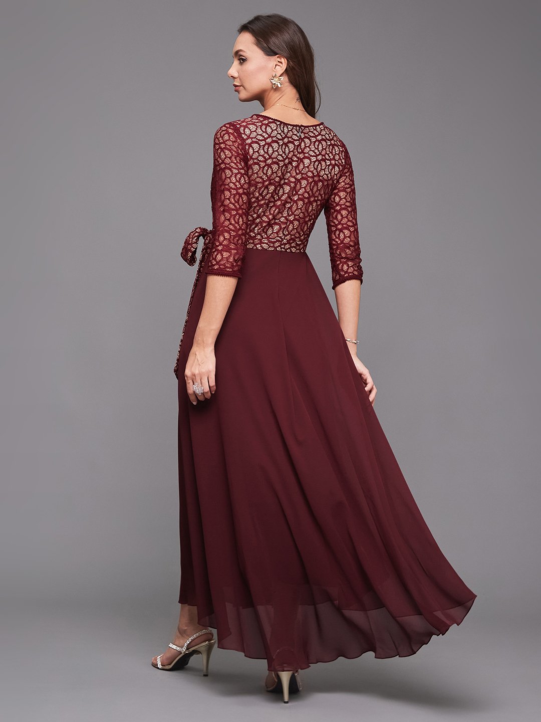 Maroon Fit and Flare Maxi Dress with Lace Bodice