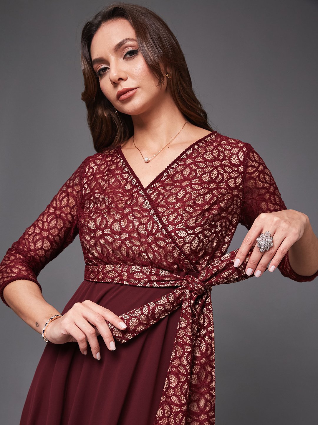 Maroon Fit and Flare Maxi Dress with Lace Bodice