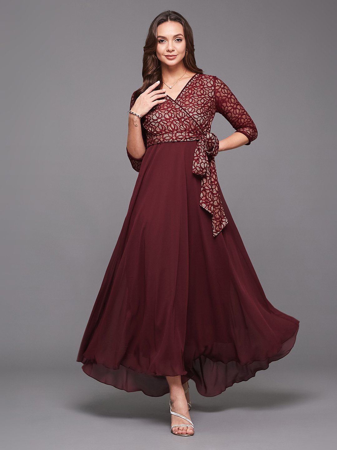 Maroon Fit and Flare Maxi Dress with Lace Bodice