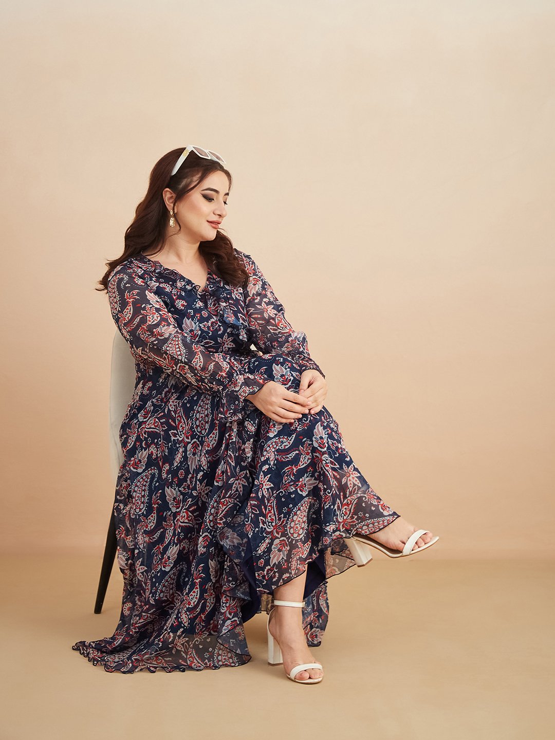 Navy Blue Paisley Maxi Dress with Ruffle Neck