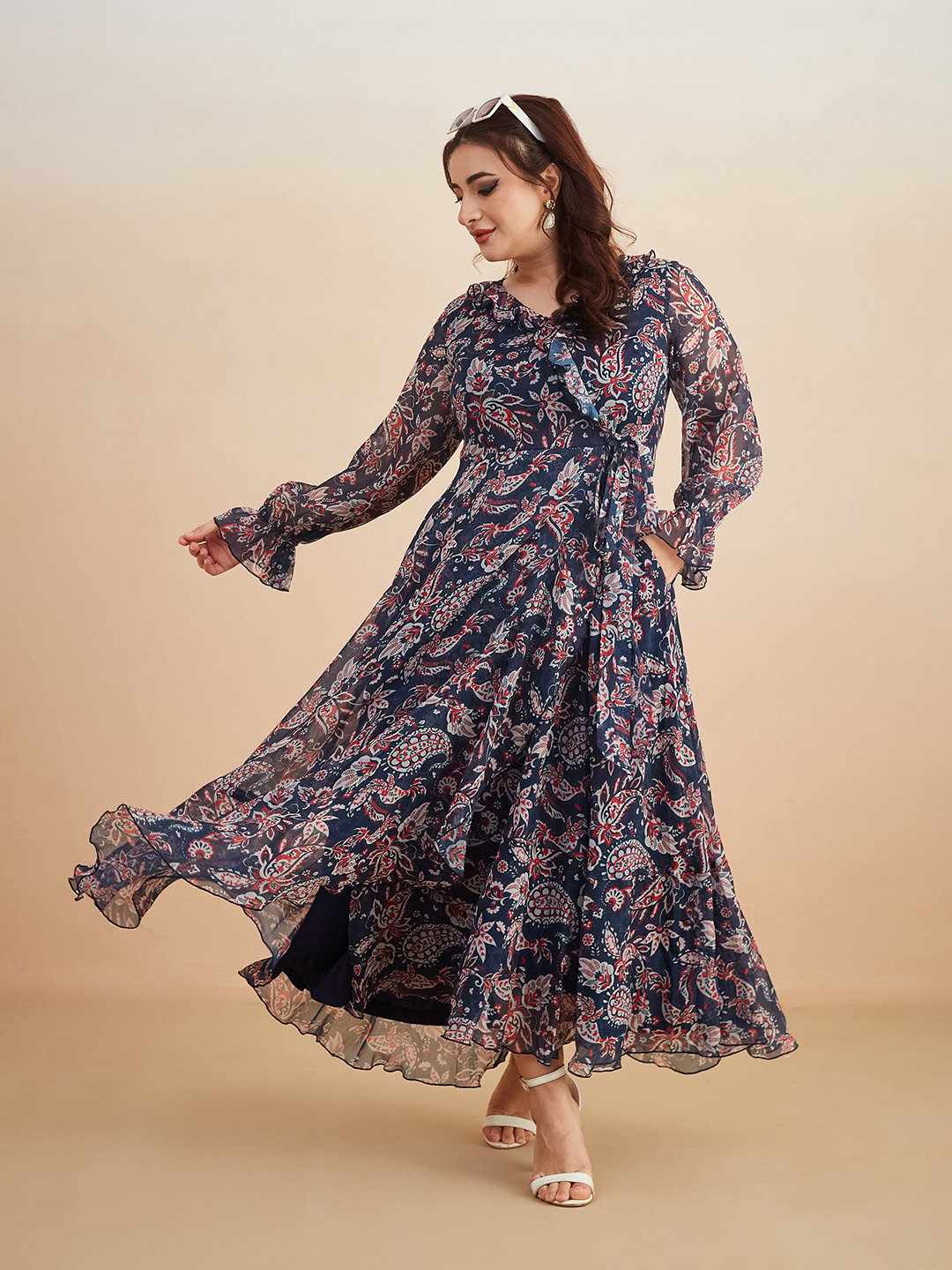 Navy Blue Paisley Maxi Dress with Ruffle Neck