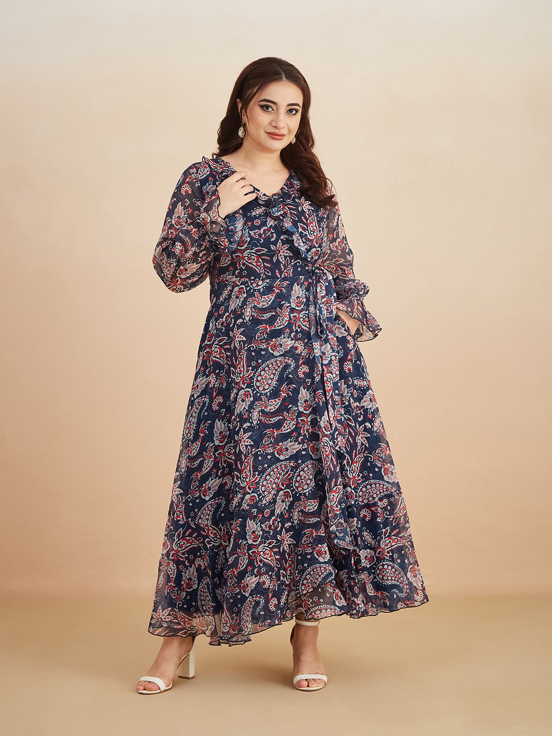 Navy Blue Paisley Maxi Dress with Ruffle Neck