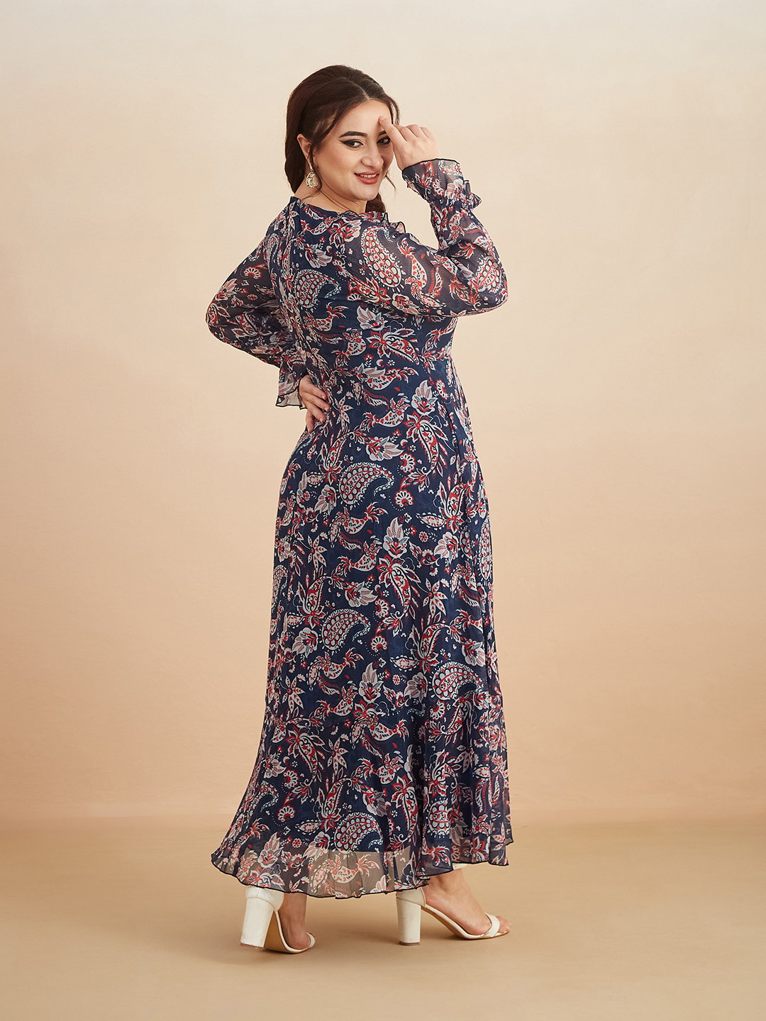 Navy Blue Paisley Maxi Dress with Ruffle Neck