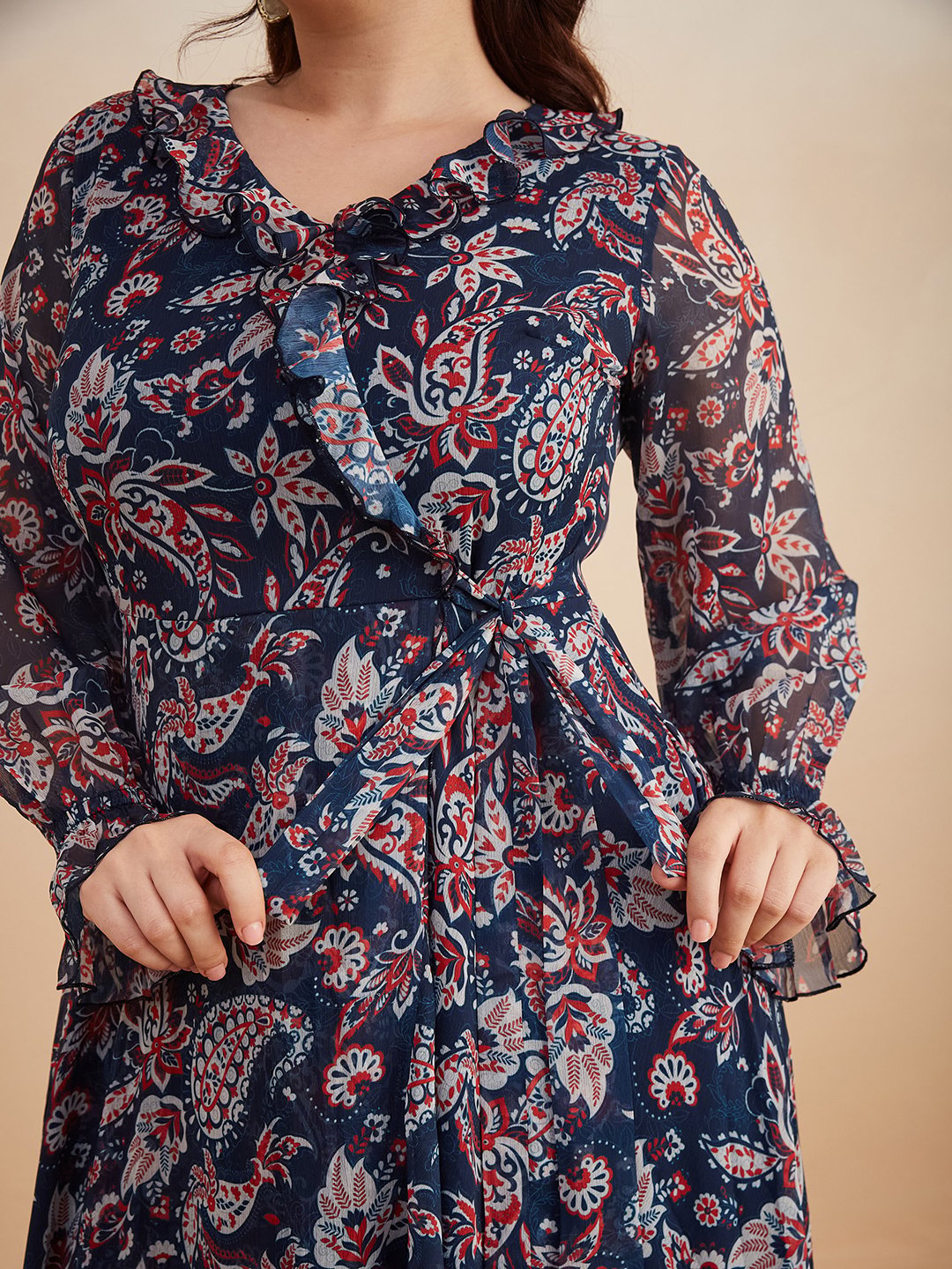 Navy Blue Paisley Maxi Dress with Ruffle Neck