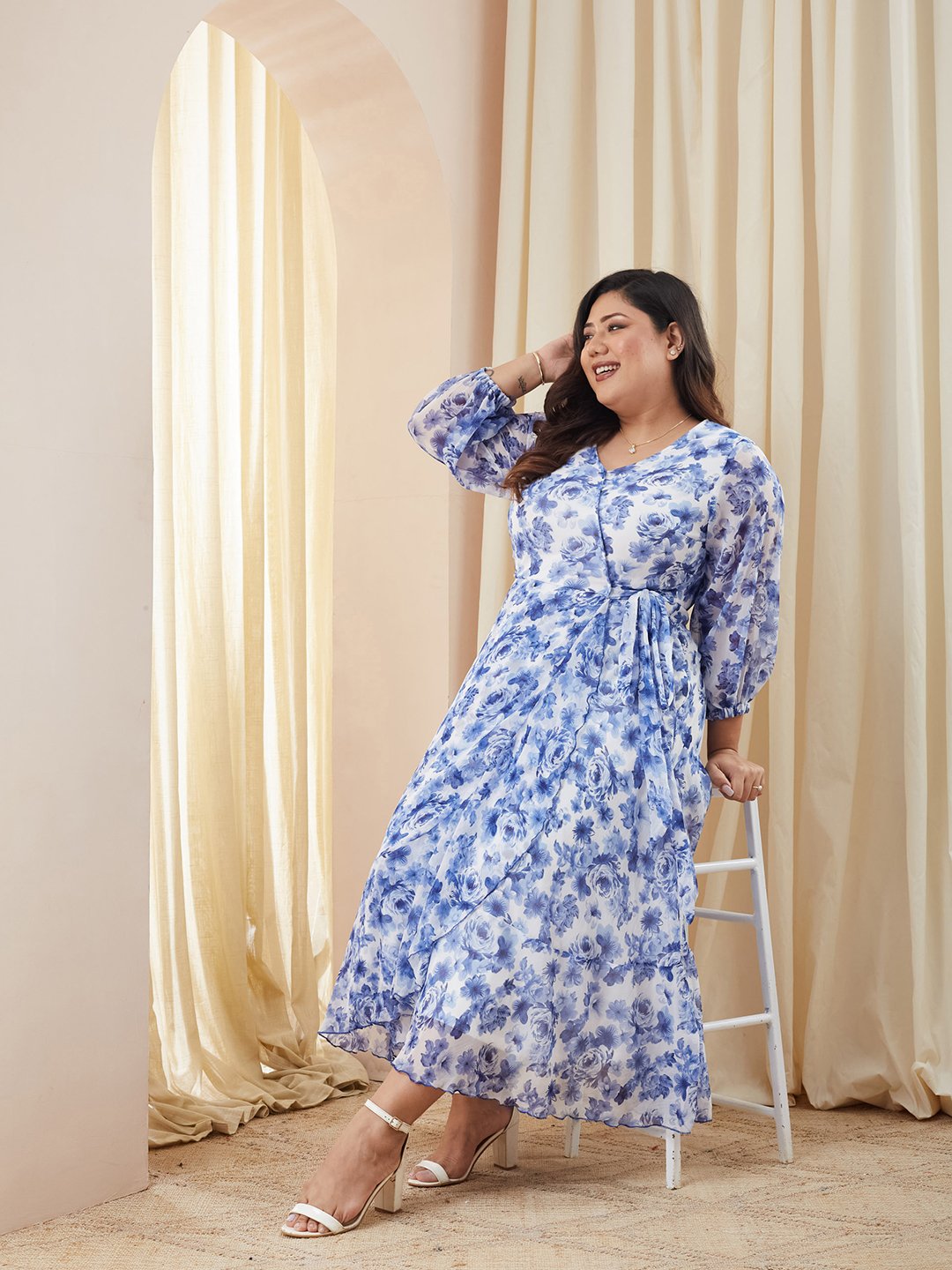 Floral A-Line Maxi Dress with 3/4 Sleeves