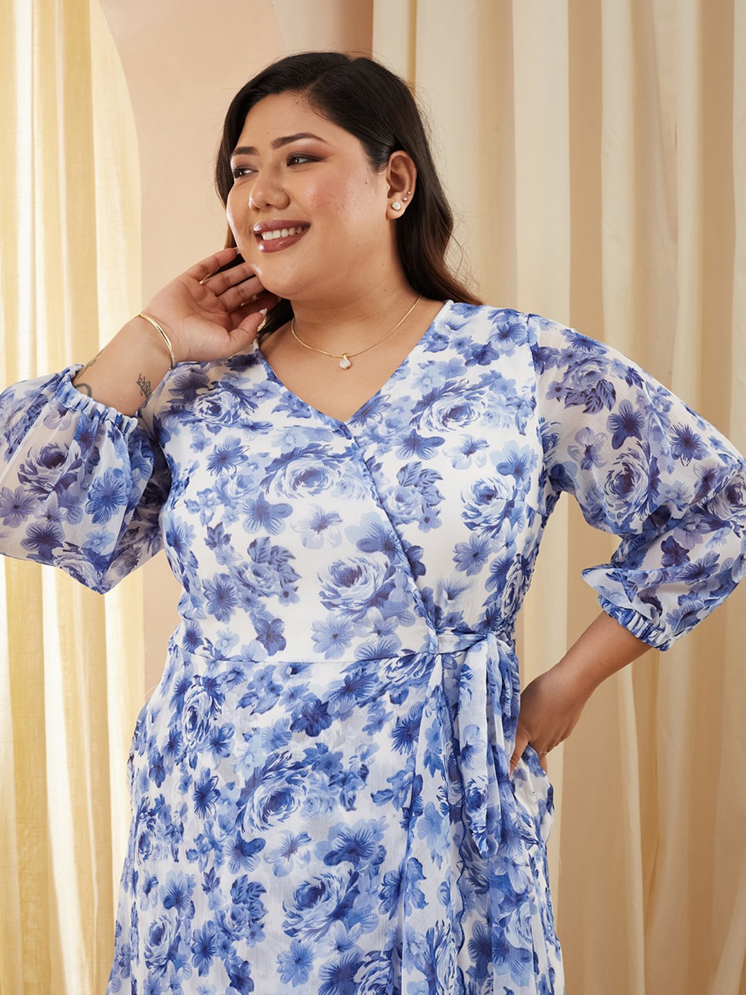 Floral A-Line Maxi Dress with 3/4 Sleeves