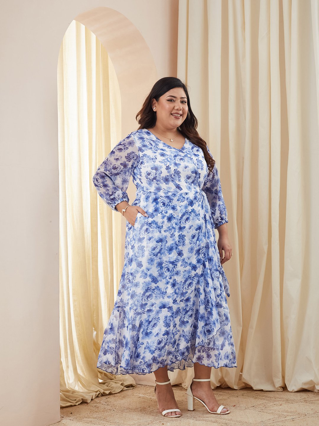 Floral A-Line Maxi Dress with 3/4 Sleeves