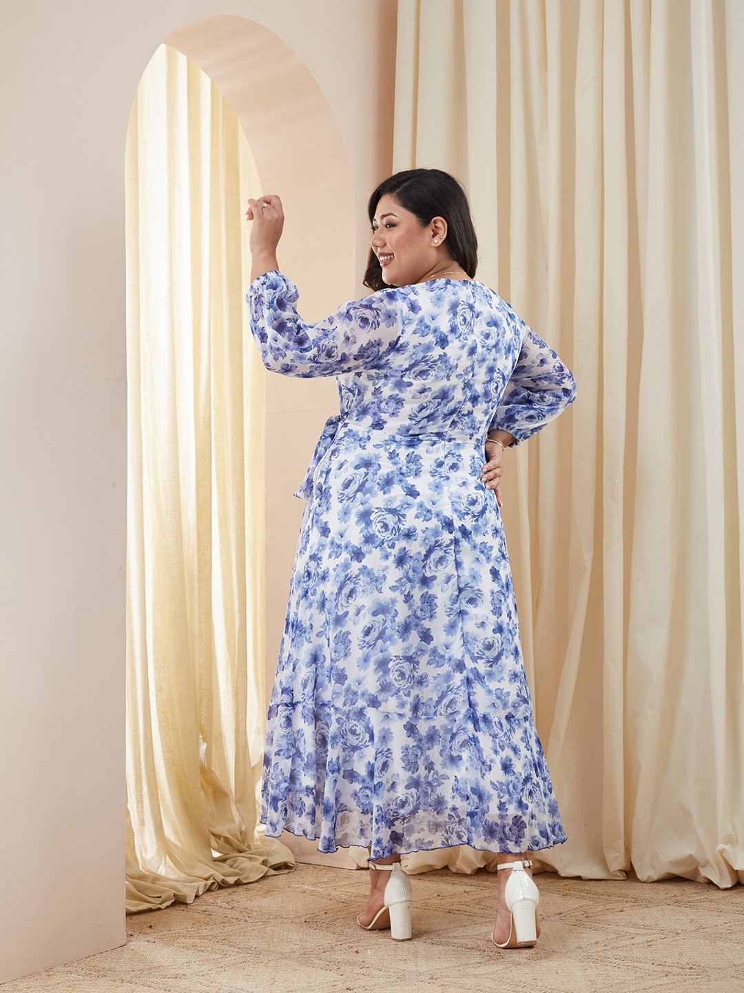 Floral A-Line Maxi Dress with 3/4 Sleeves