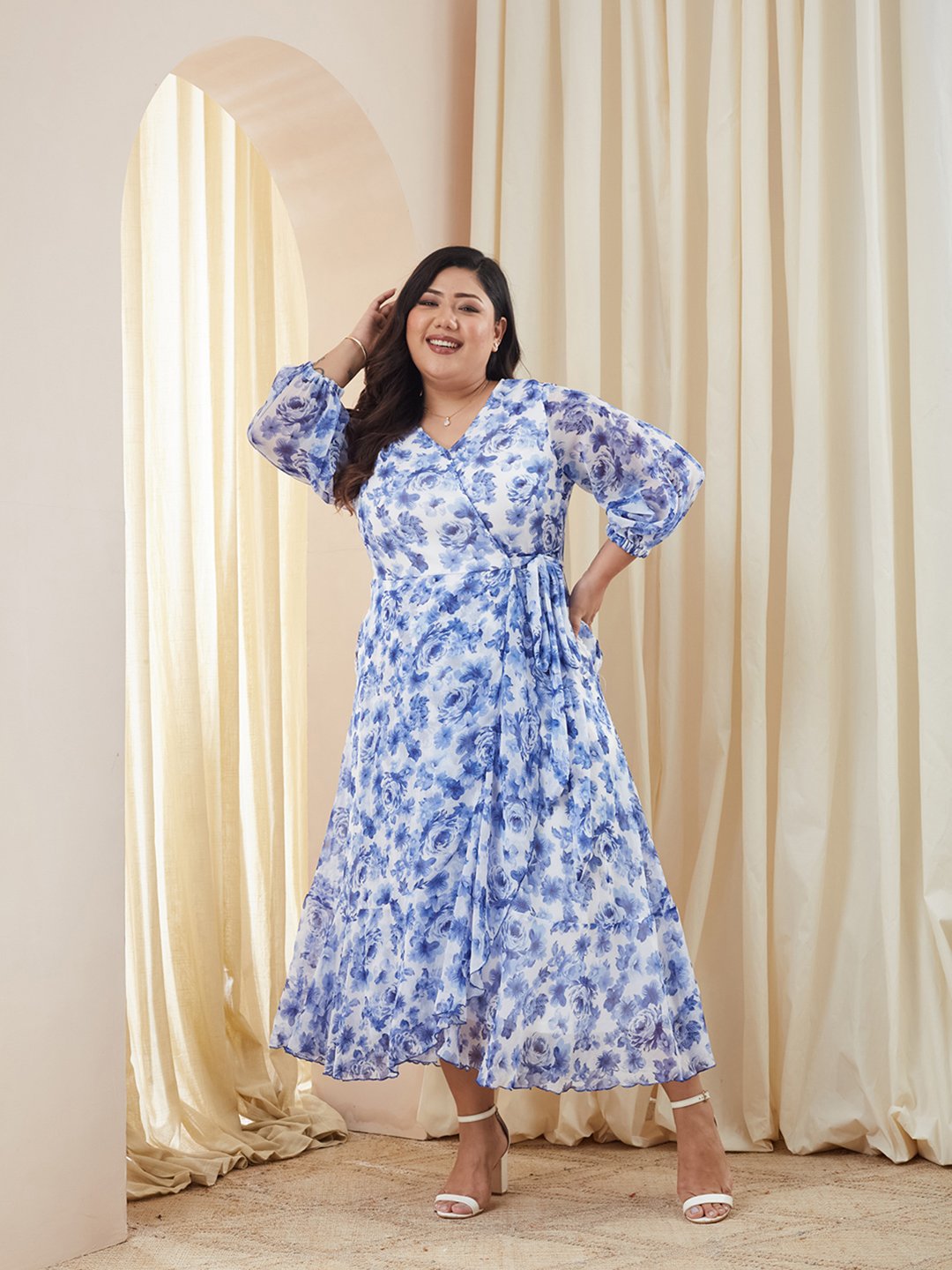 Floral A-Line Maxi Dress with 3/4 Sleeves