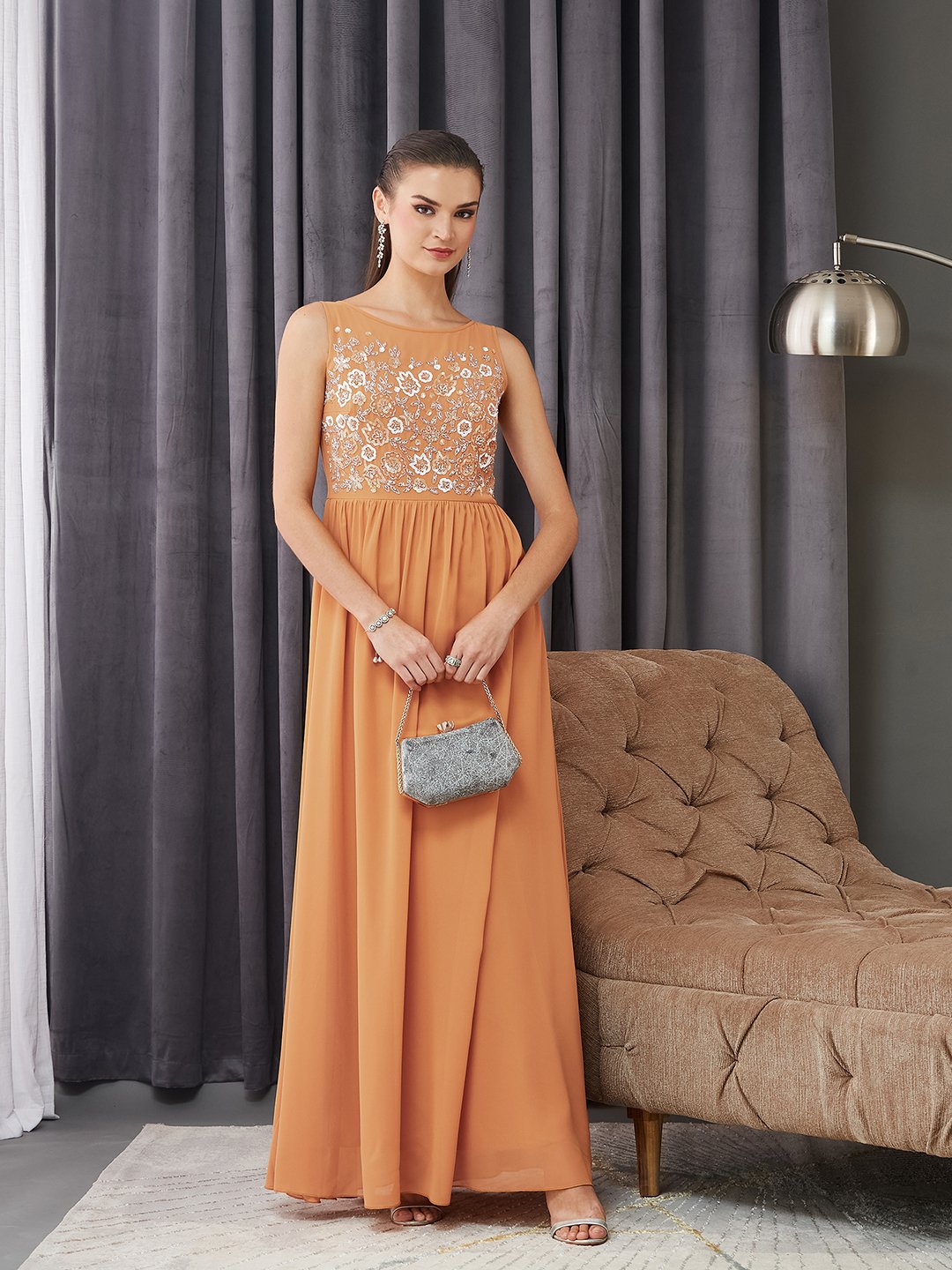 Orange Embroidered Sleeveless A-Line Maxi Dress